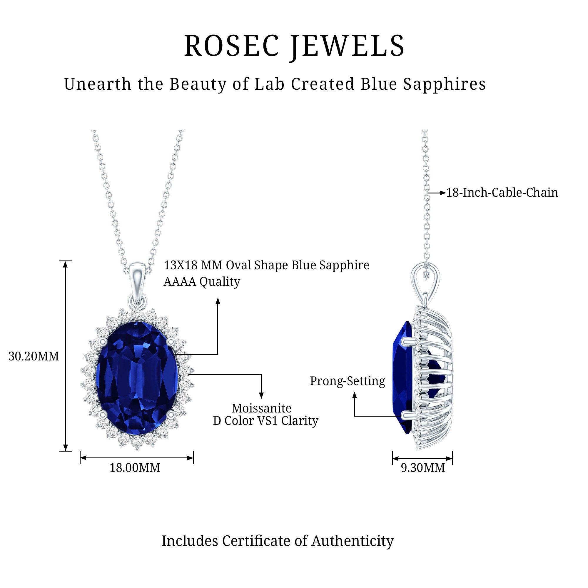 Certified 14 Carat Lab Grown Blue Sapphire Bridal Necklace With Silver Chain AAAA 92.5 Sterling Silver - Rosec Jewels