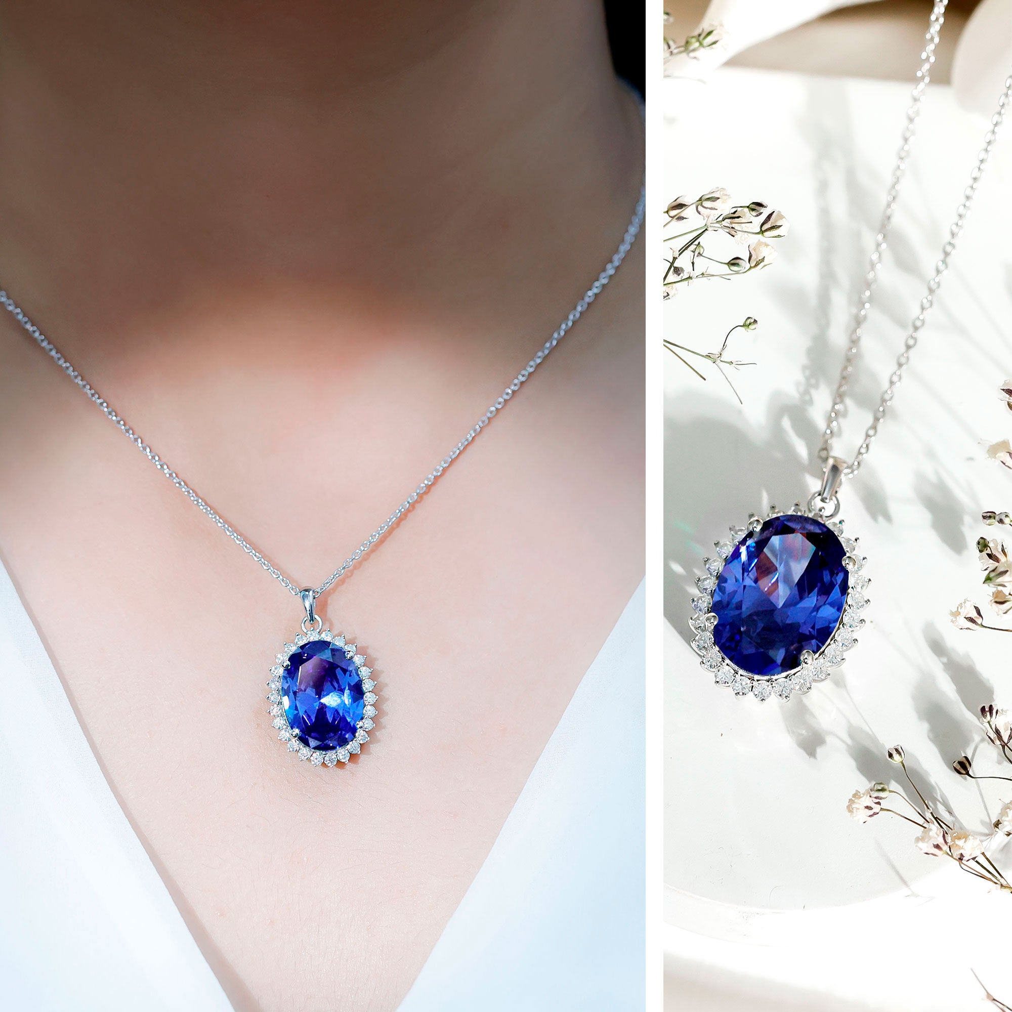 Certified 14 Carat Lab Grown Blue Sapphire Bridal Necklace With Silver Chain AAAA 92.5 Sterling Silver - Rosec Jewels
