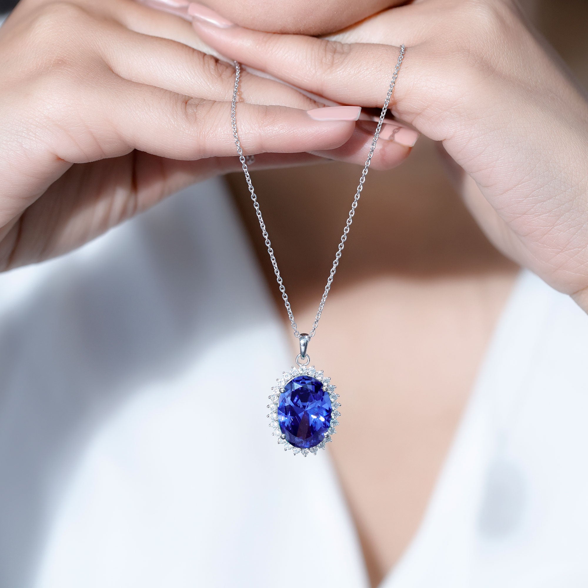 Certified 14 Carat Lab Grown Blue Sapphire Bridal Necklace With Silver Chain AAAA 92.5 Sterling Silver - Rosec Jewels