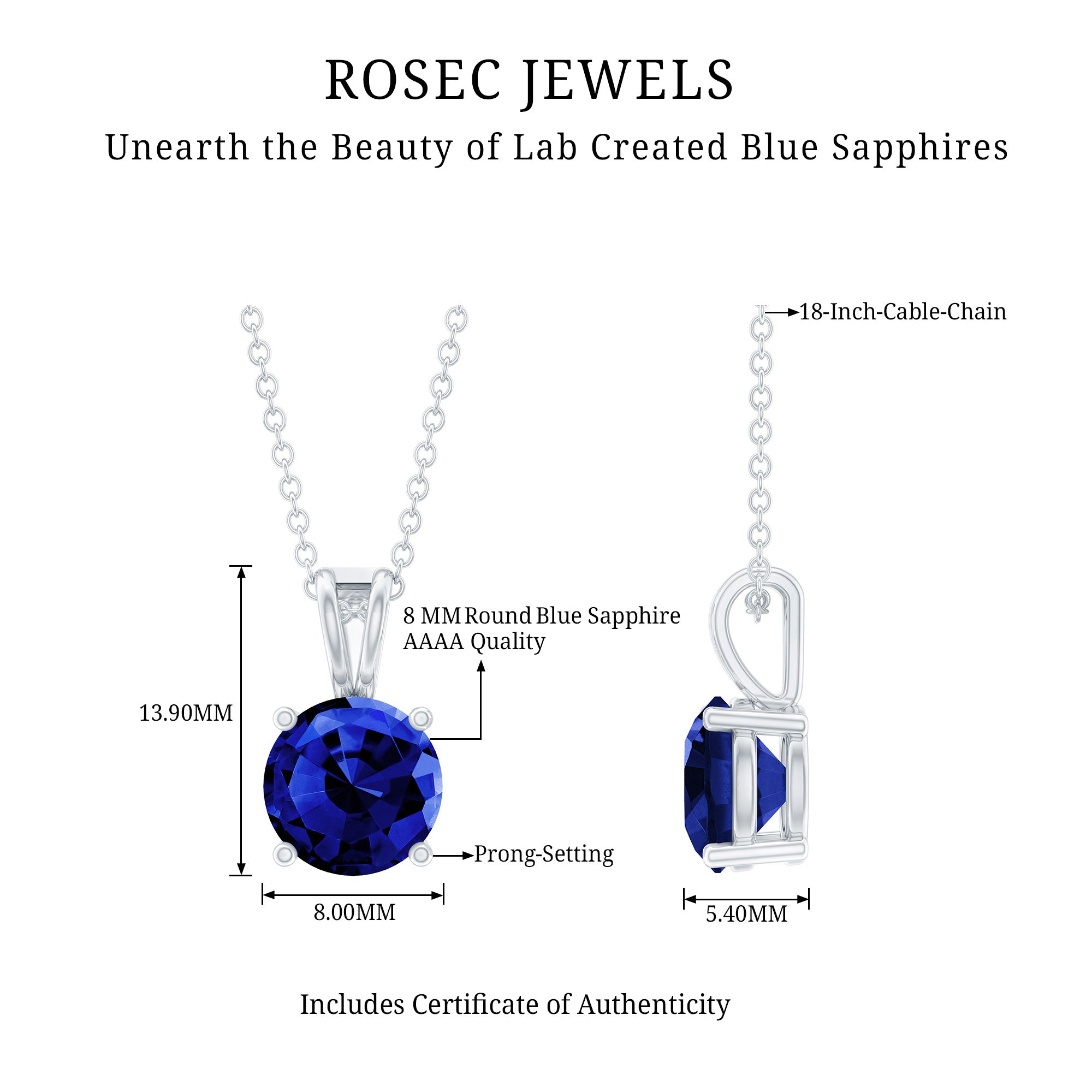 Certified 2.7 Carat Lab Blue Sapphire Solitaire Necklace With Silver Chain AAAA 92.5 Sterling Silver - Rosec Jewels