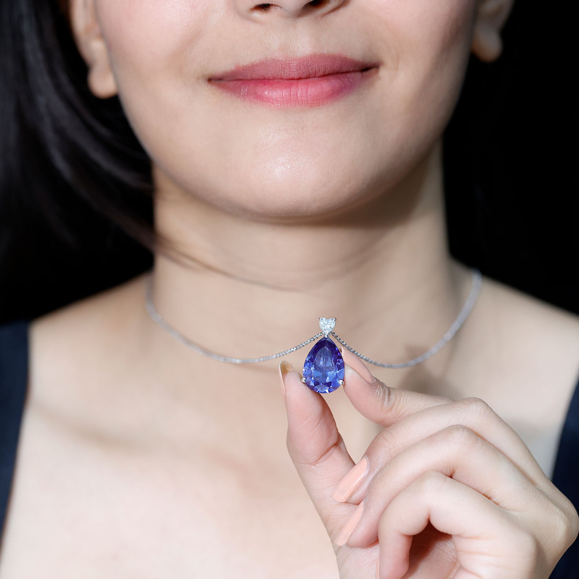 Certified 9 Carat Pear Shape Lab Grown Blue Sapphire Necklace With Silver Chain AAAA 92.5 Sterling Silver - Rosec Jewels