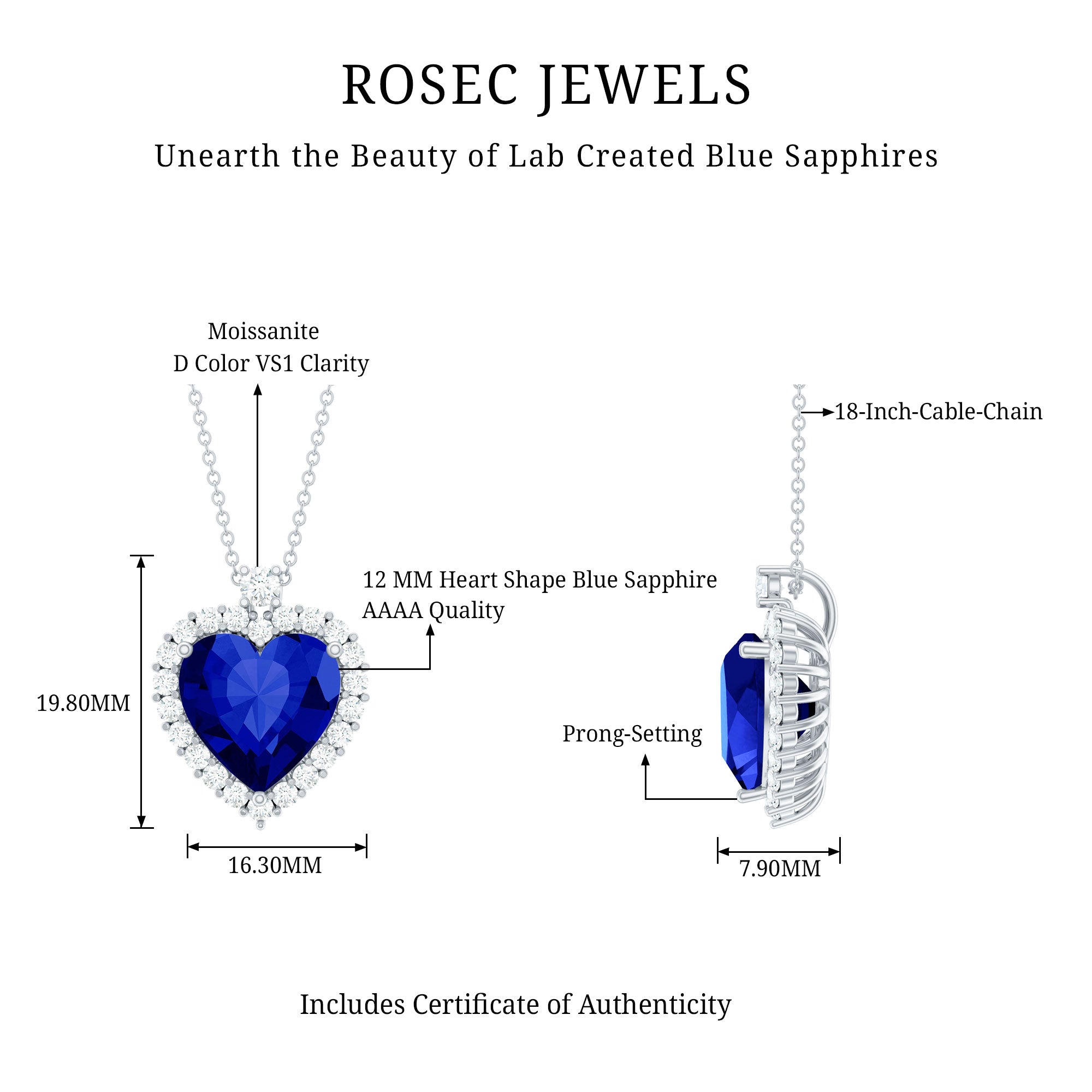 5.6 Carat Lab Grown Blue Sapphire Heart of The Ocean Necklace With Chain AAAA 92.5 Sterling Silver - Rosec Jewels