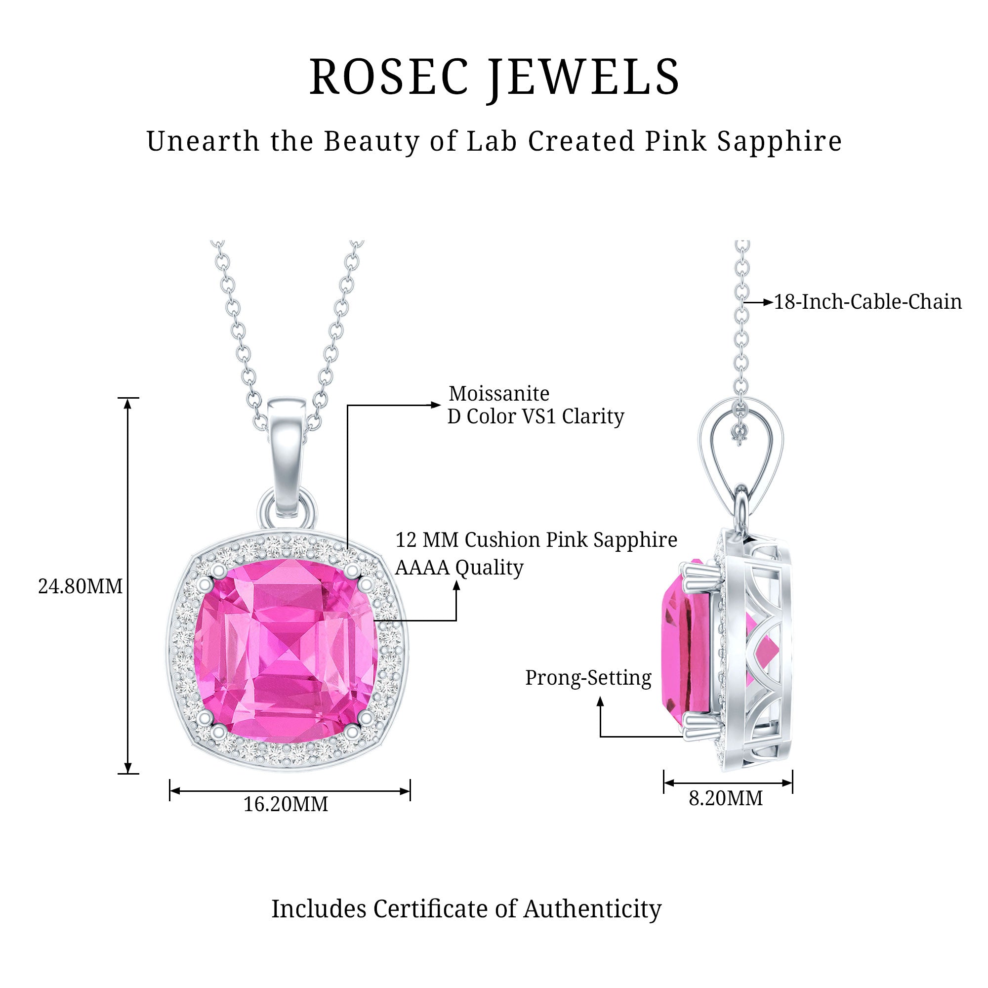 6 Carat Lab Grown Pink Sapphire Cocktail Necklace With Silver Chain AAAA 92.5 Sterling Silver - Rosec Jewels