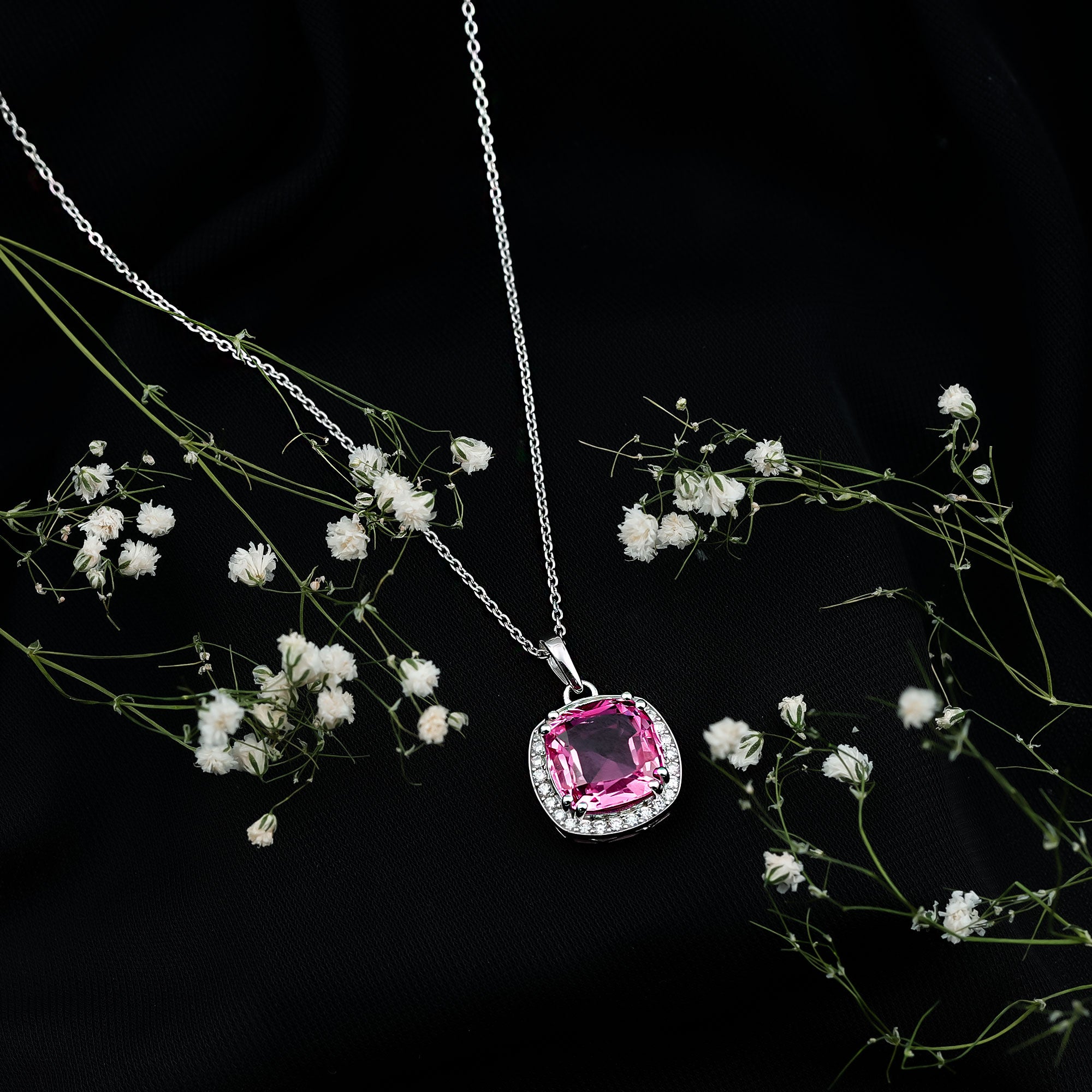 6 Carat Lab Grown Pink Sapphire Cocktail Necklace With Silver Chain AAAA 92.5 Sterling Silver - Rosec Jewels