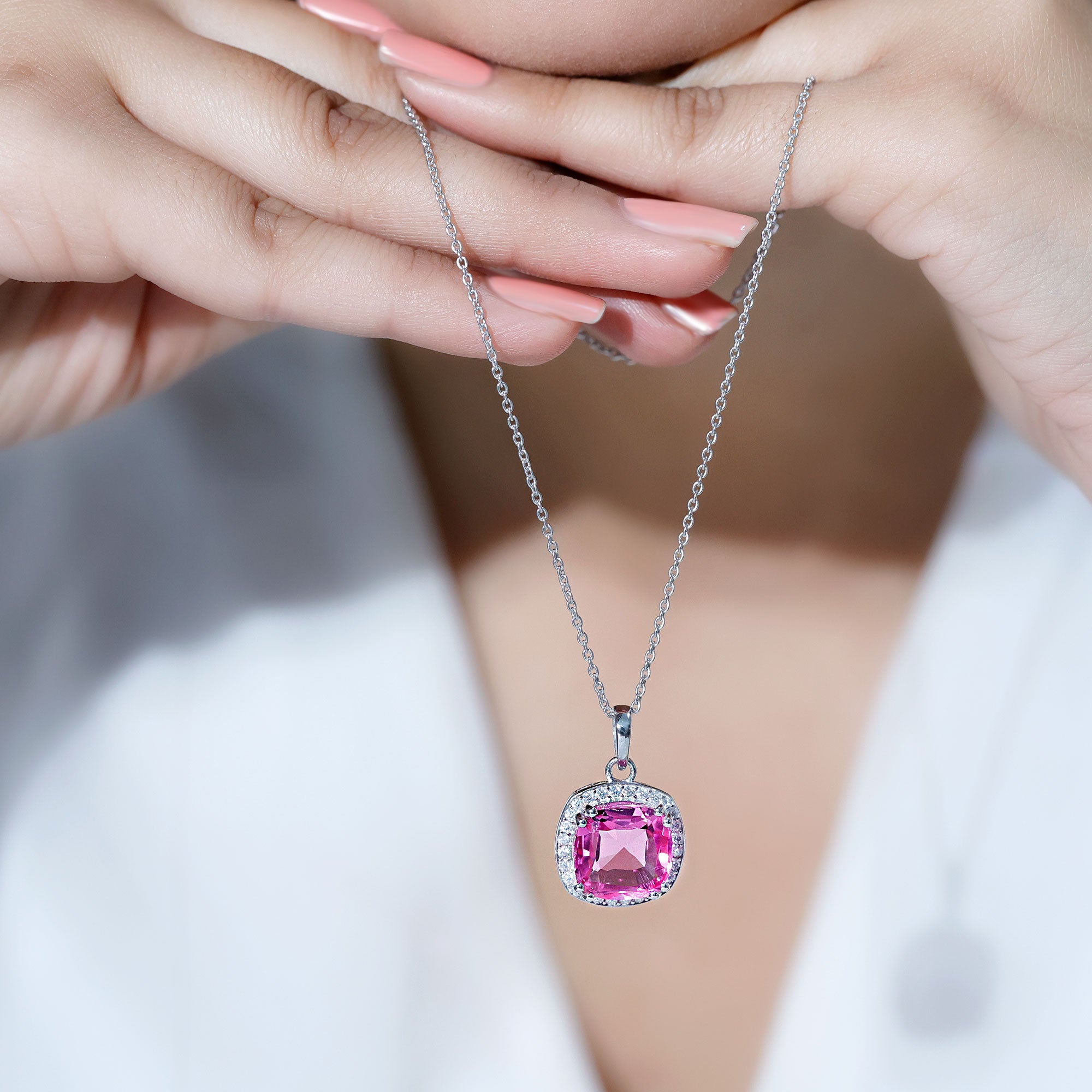 6 Carat Lab Grown Pink Sapphire Cocktail Necklace With Silver Chain AAAA 92.5 Sterling Silver - Rosec Jewels