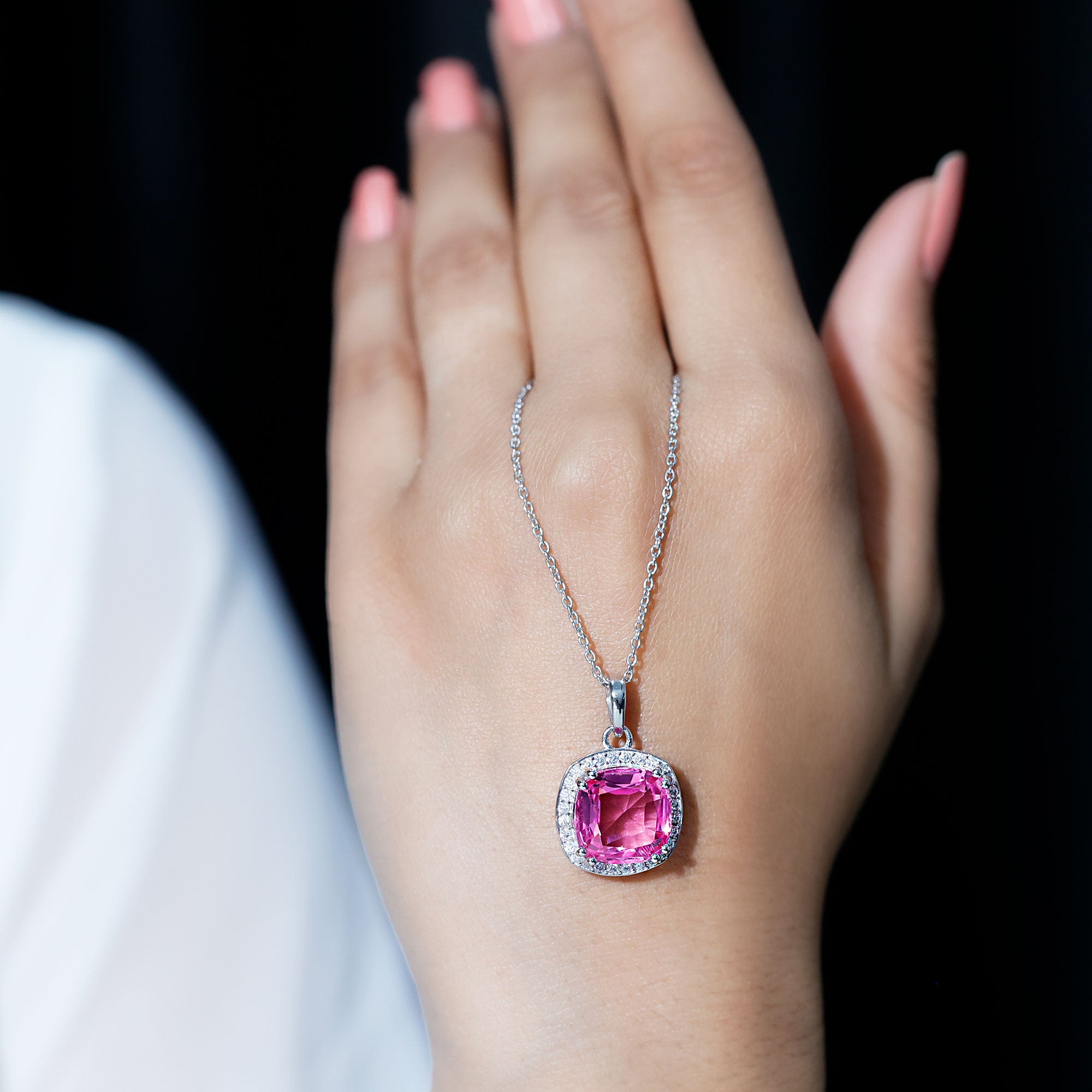 6 Carat Lab Grown Pink Sapphire Cocktail Necklace With Silver Chain AAAA 92.5 Sterling Silver - Rosec Jewels