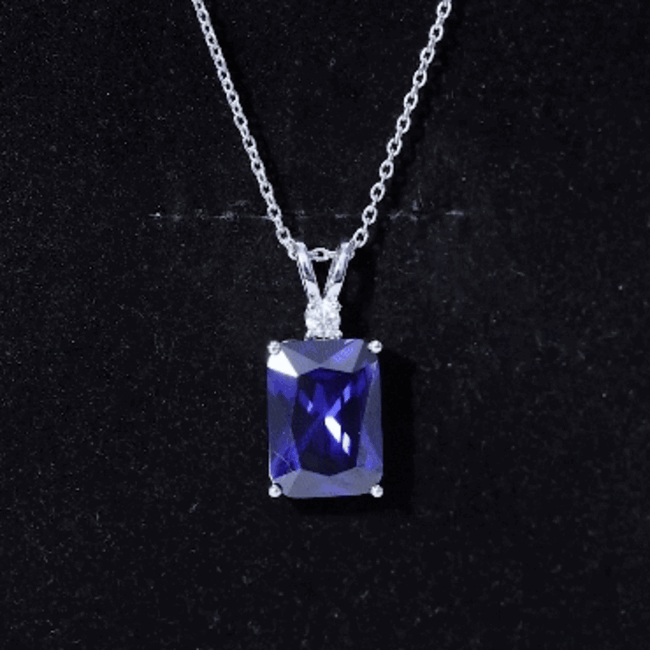 9 Carat Emerald Cut Lab Grown Blue Sapphire Solitaire Necklace With Silver Chain AAAA 92.5 Sterling Silver - Rosec Jewels