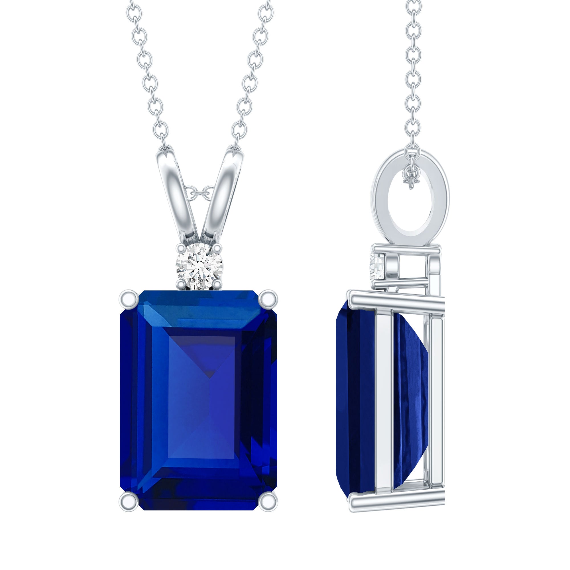 9 Carat Emerald Cut Lab Grown Blue Sapphire Solitaire Necklace With Silver Chain AAAA 92.5 Sterling Silver - Rosec Jewels