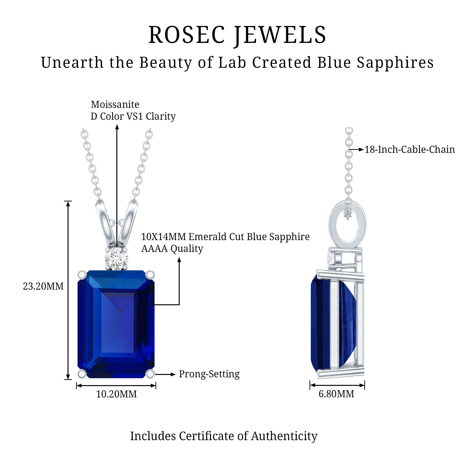 9 Carat Emerald Cut Lab Grown Blue Sapphire Solitaire Necklace With Silver Chain AAAA 92.5 Sterling Silver - Rosec Jewels