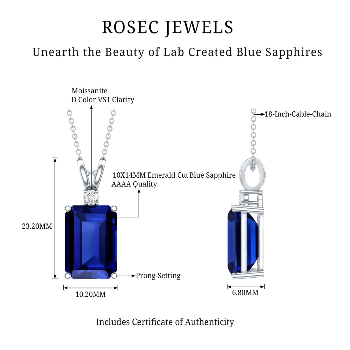 9 Carat Emerald Cut Lab Grown Blue Sapphire Solitaire Necklace With Silver Chain AAAA 92.5 Sterling Silver - Rosec Jewels