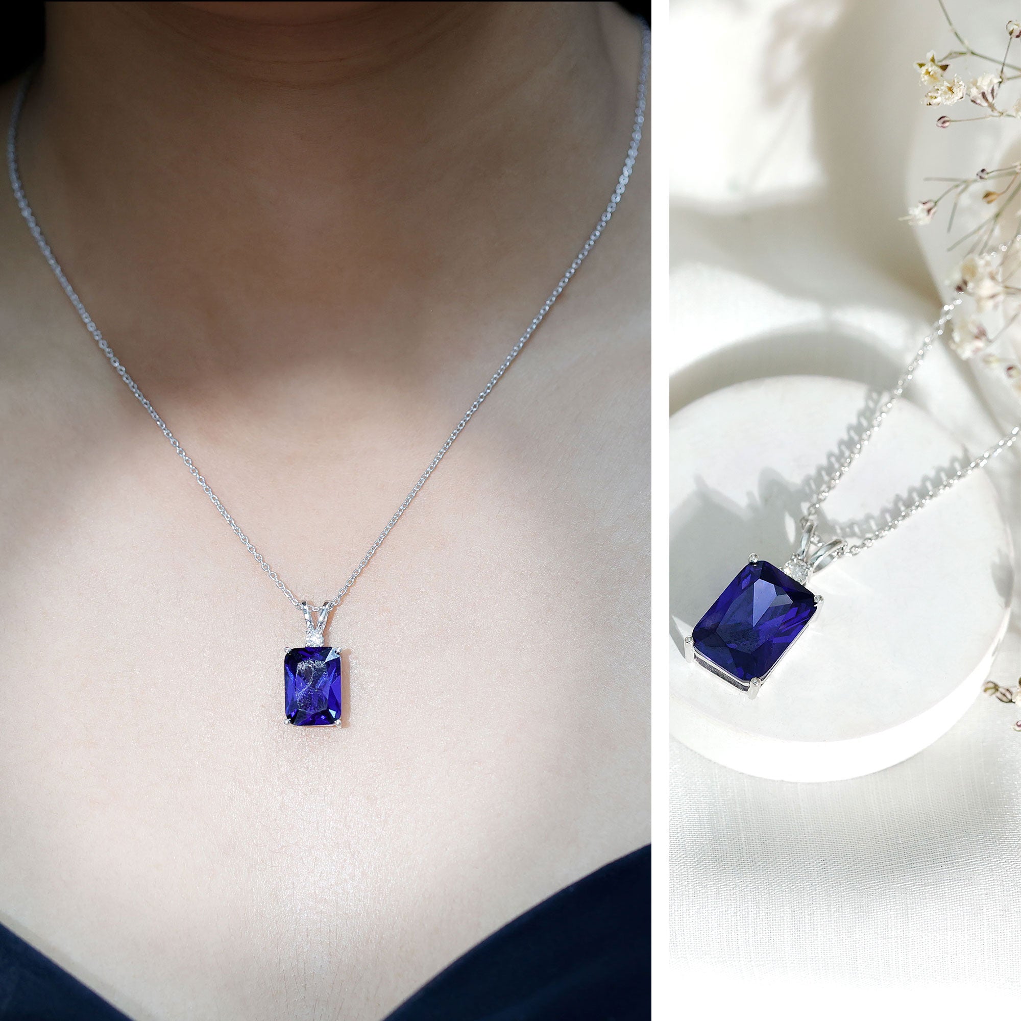 9 Carat Emerald Cut Lab Grown Blue Sapphire Solitaire Necklace With Silver Chain AAAA 92.5 Sterling Silver - Rosec Jewels