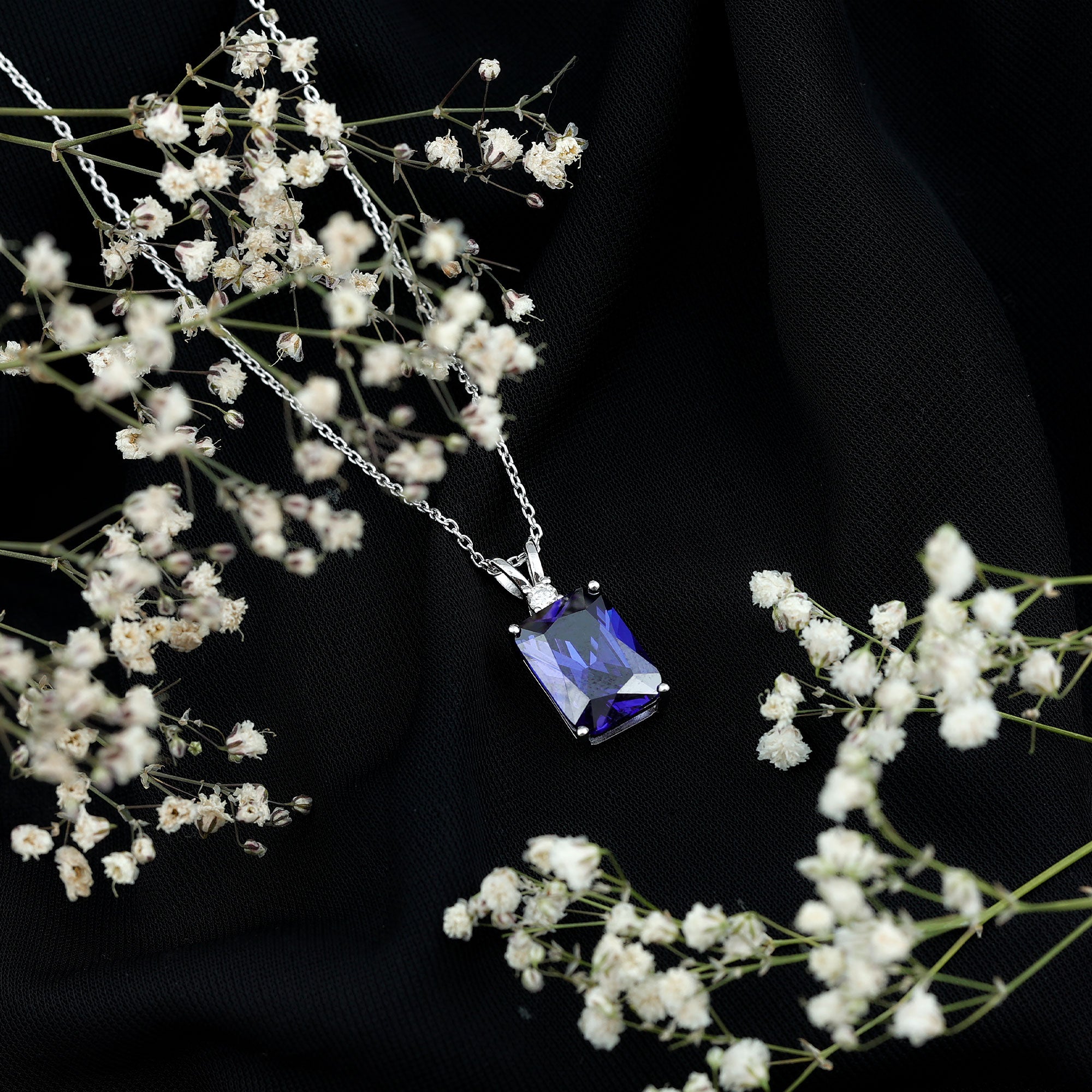 9 Carat Emerald Cut Lab Grown Blue Sapphire Solitaire Necklace With Silver Chain AAAA 92.5 Sterling Silver - Rosec Jewels