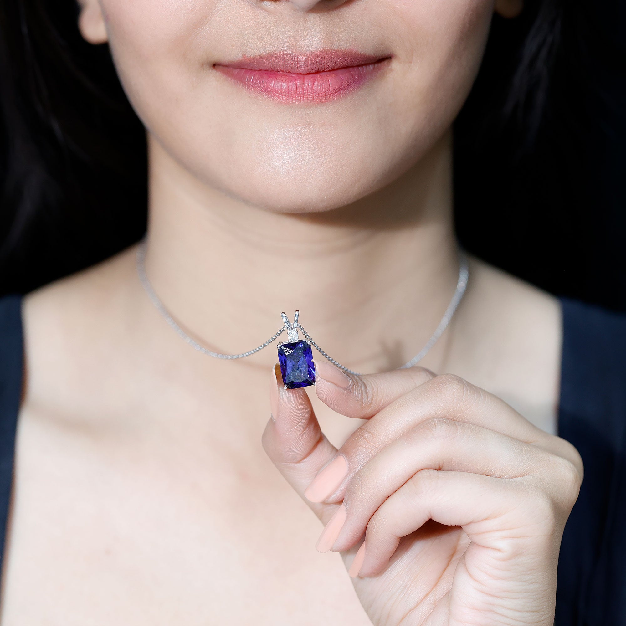 9 Carat Emerald Cut Lab Grown Blue Sapphire Solitaire Necklace With Silver Chain AAAA 92.5 Sterling Silver - Rosec Jewels