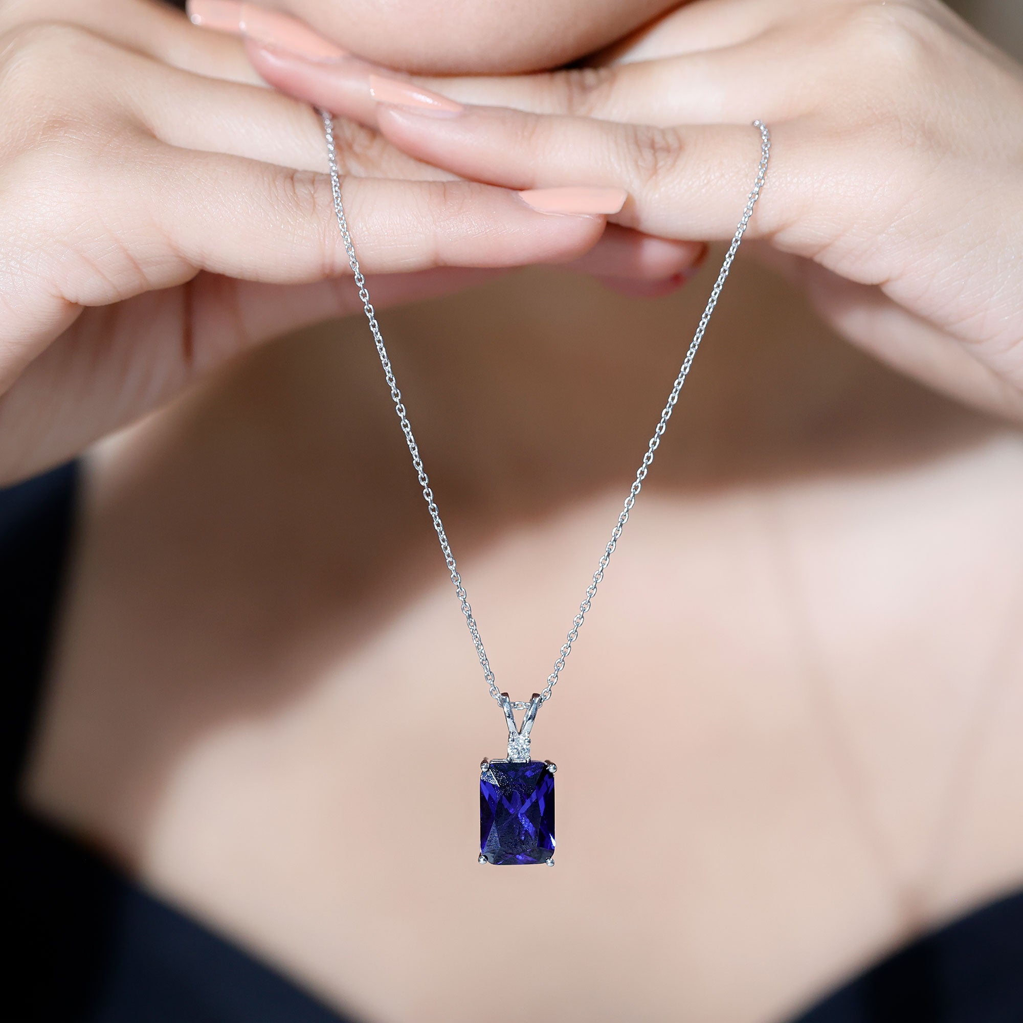 9 Carat Emerald Cut Lab Grown Blue Sapphire Solitaire Necklace With Silver Chain AAAA 92.5 Sterling Silver - Rosec Jewels