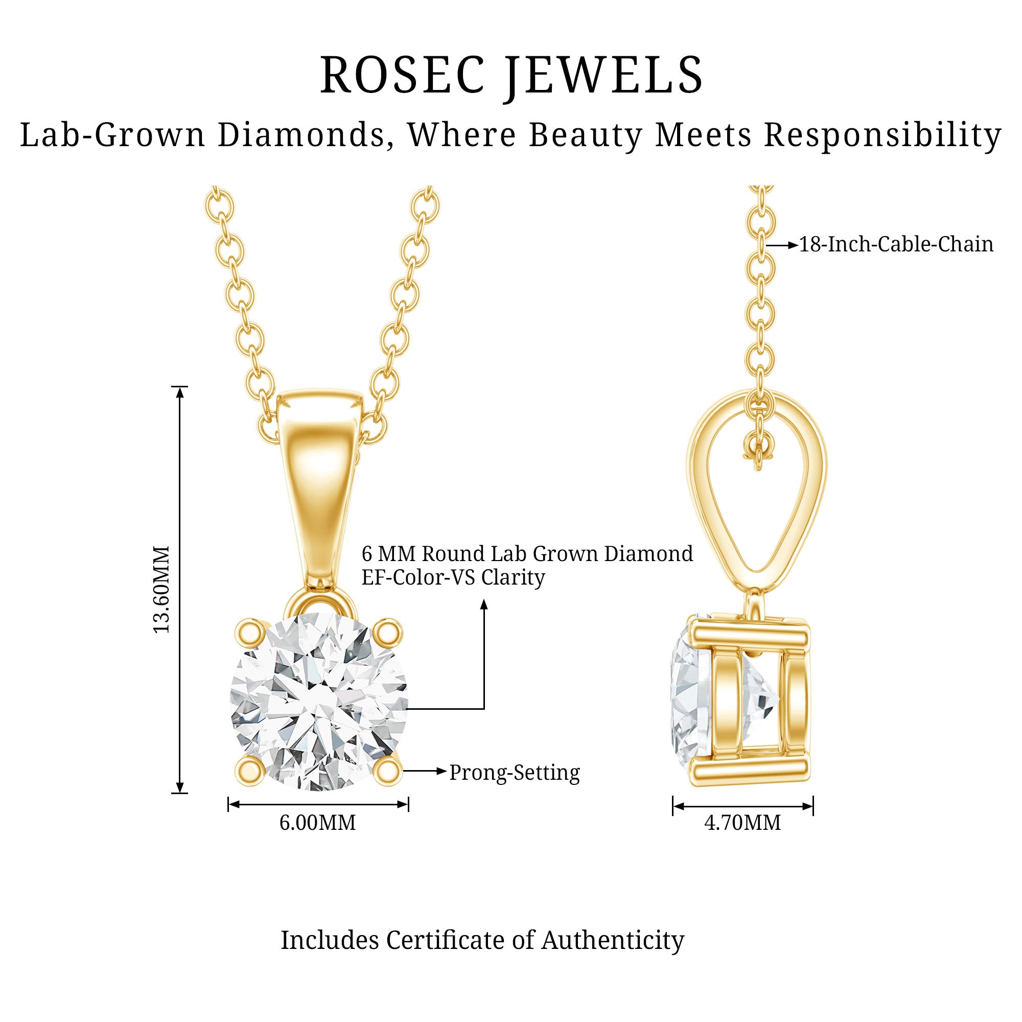 IGI Certified 1 CT Lab Grown Diamond Solitaire Pendant Lab - ( E-VS1 ) - Rosec Jewels