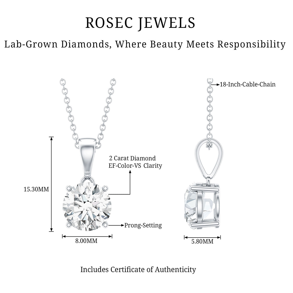 2 Carat IGI Certified Lab Grown Diamond Pendant Necklace Lab - ( E-VS1 ) - Rosec Jewels