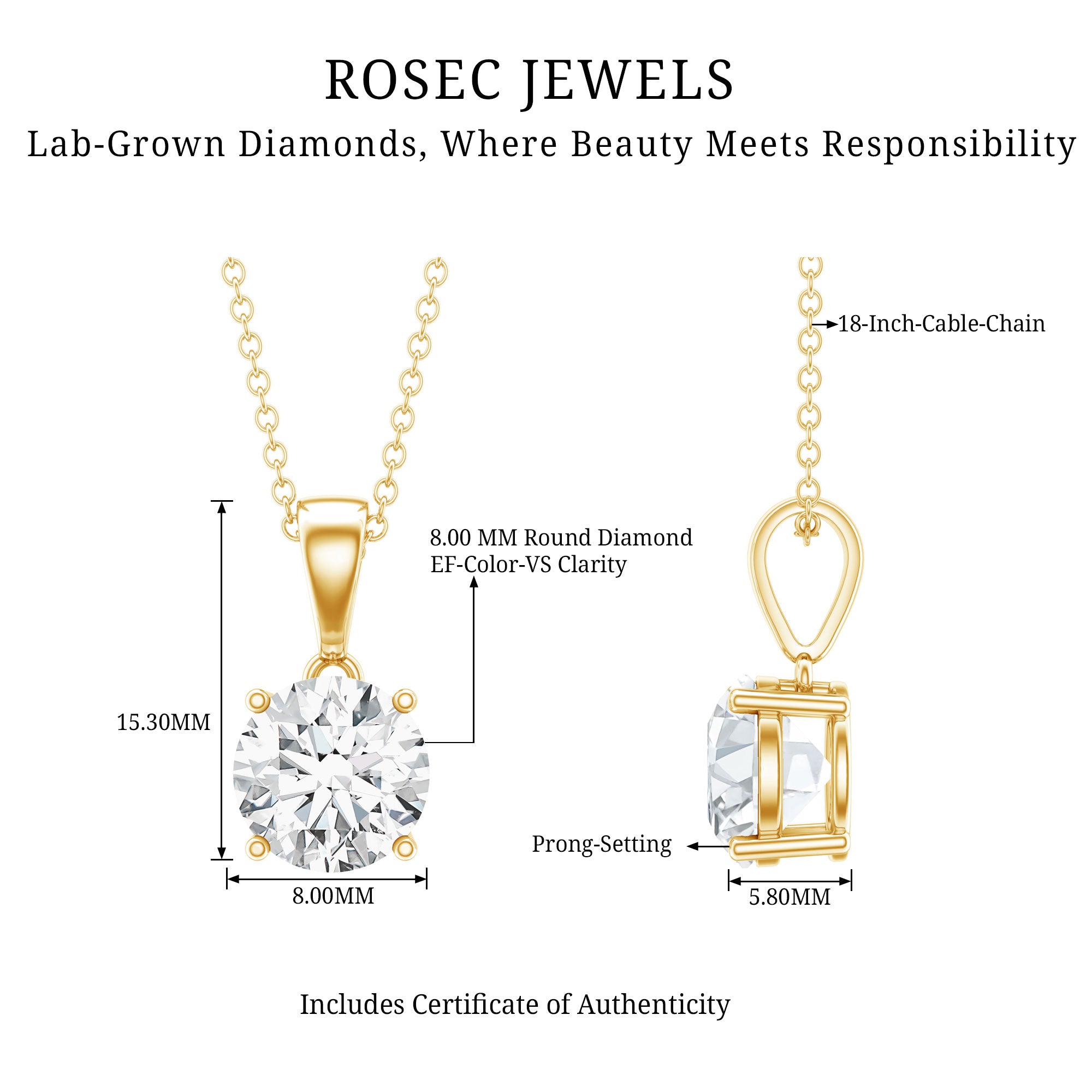 2 Carat IGI Certified Lab Grown Diamond Pendant Necklace Lab - ( E-VS1 ) - Rosec Jewels