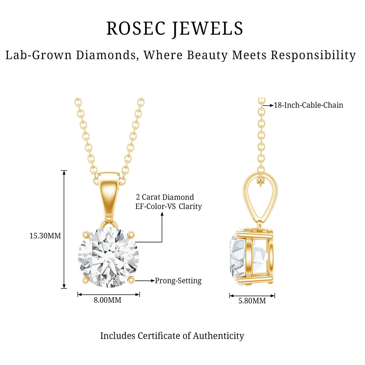 2 Carat IGI Certified Lab Grown Diamond Pendant Necklace Lab - ( E-VS1 ) - Rosec Jewels