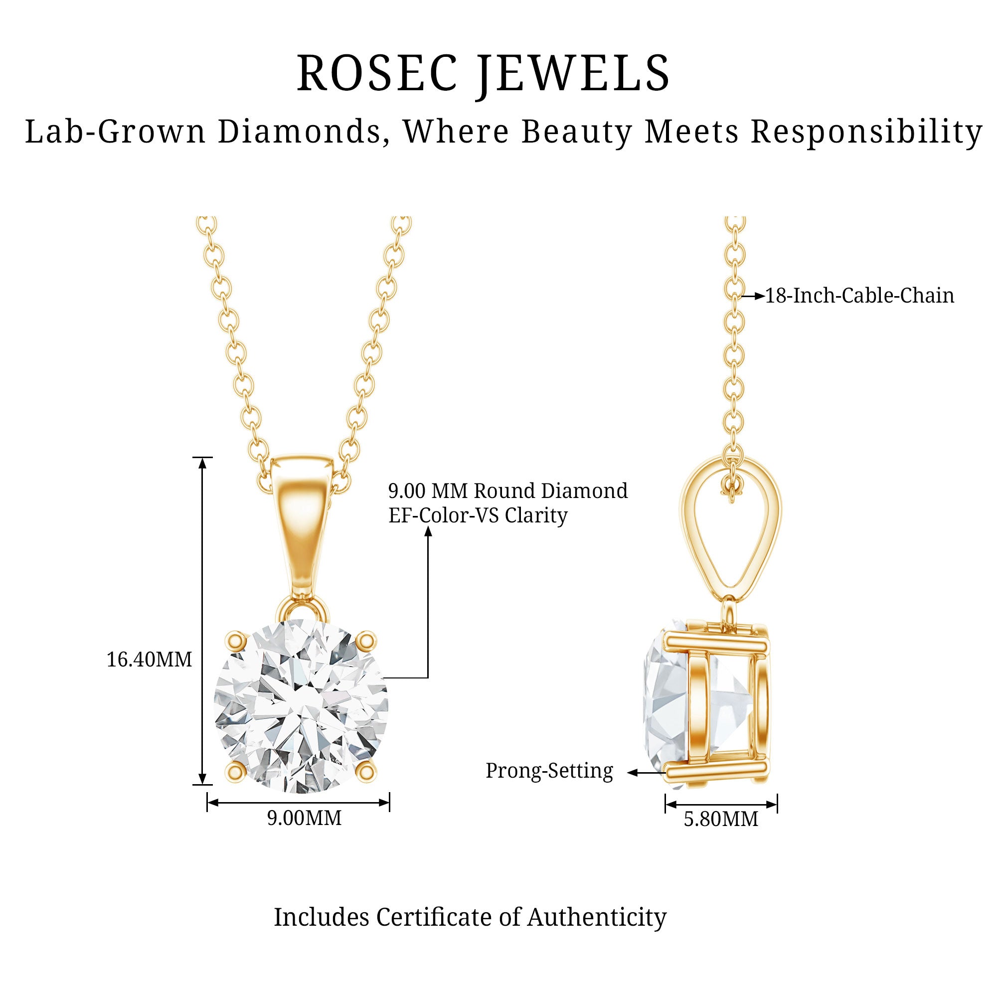3 Carat Solitaire Lab Grown Diamond Pendant with IGI Certificate Lab - ( E-VS1 ) - Rosec Jewels