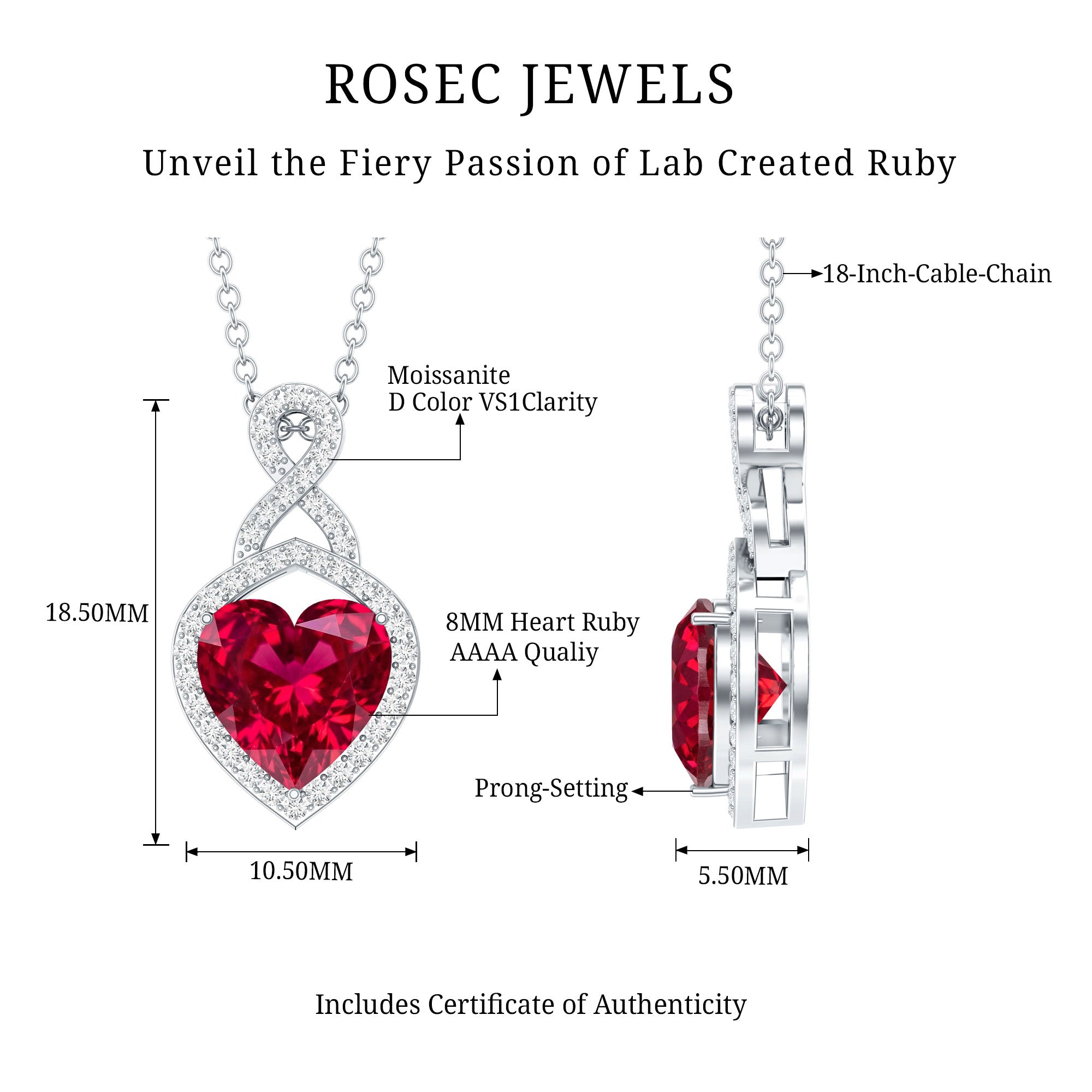 Certified Lab Created Ruby Heart Infinity Necklace With Chain AAAA - Rosec Jewels
