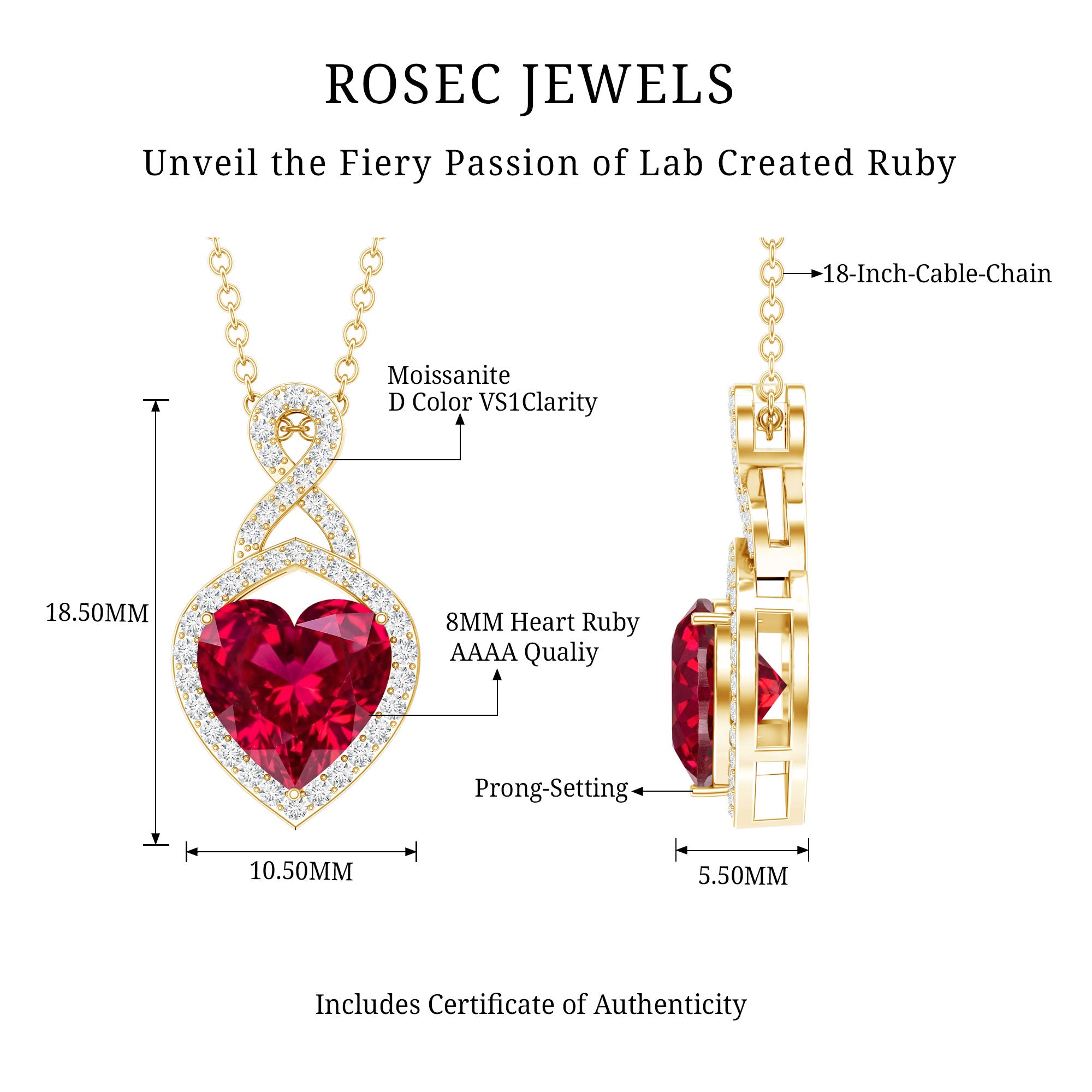 Certified Lab Created Ruby Heart Infinity Necklace With Chain AAAA - Rosec Jewels