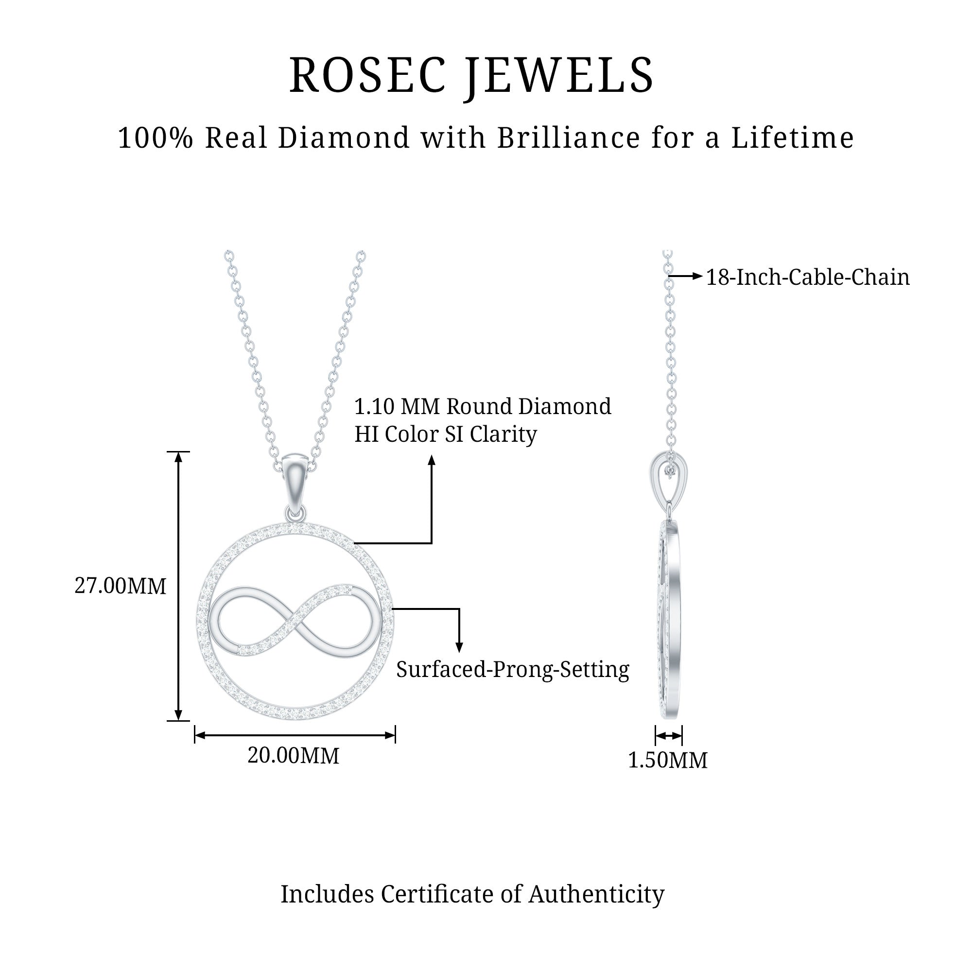 Diamonds Infinity Eternity Pendant Necklace Natural - ( HI-SI ) - Rosec Jewels