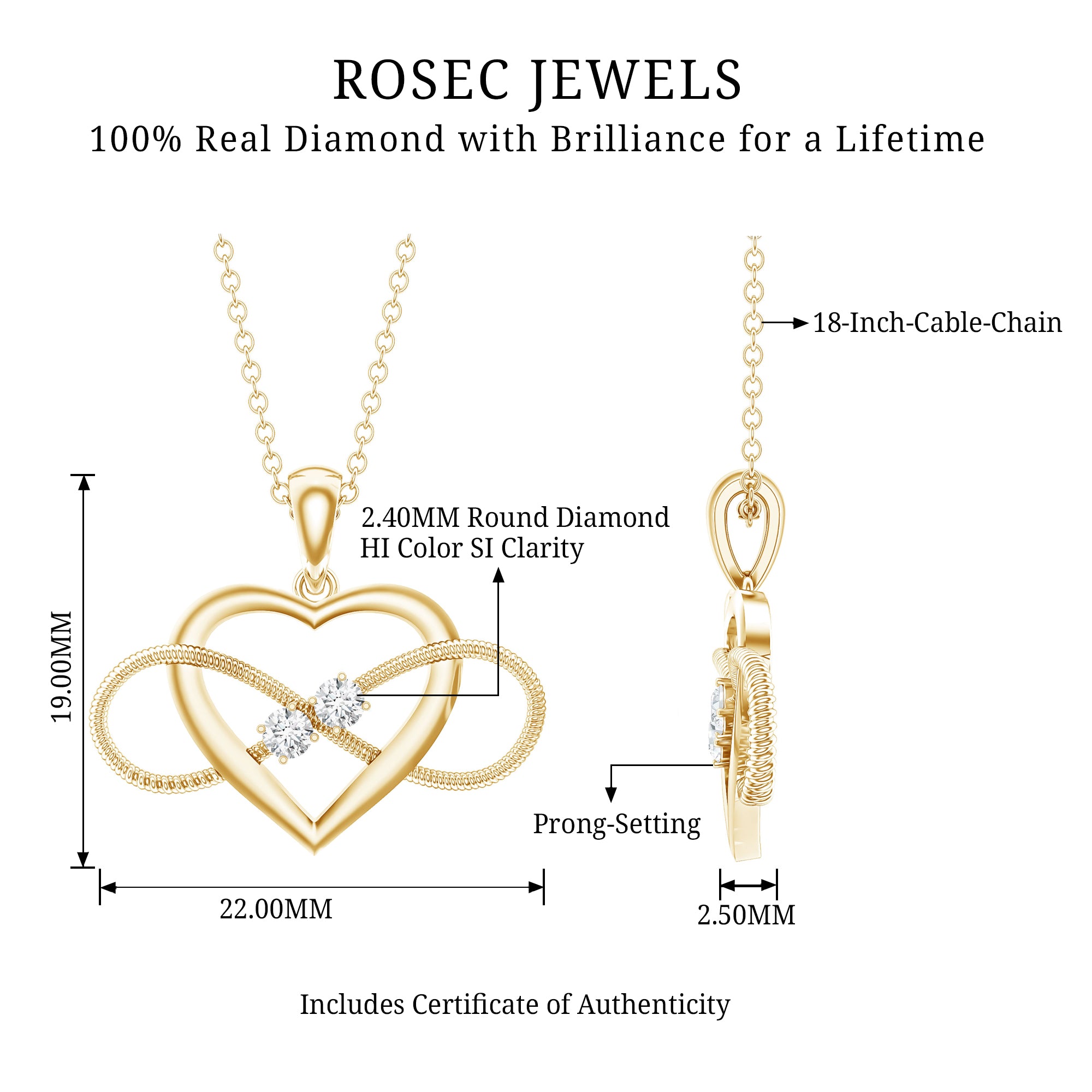Natural Diamond Infinity Heart Necklace For Her Natural - ( HI-SI ) - Rosec Jewels