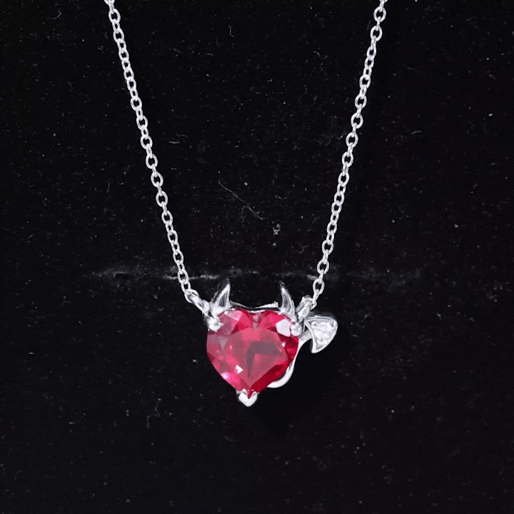 Lab Grown Ruby Devil Heart Necklace with Diamond AAAA - Rosec Jewels