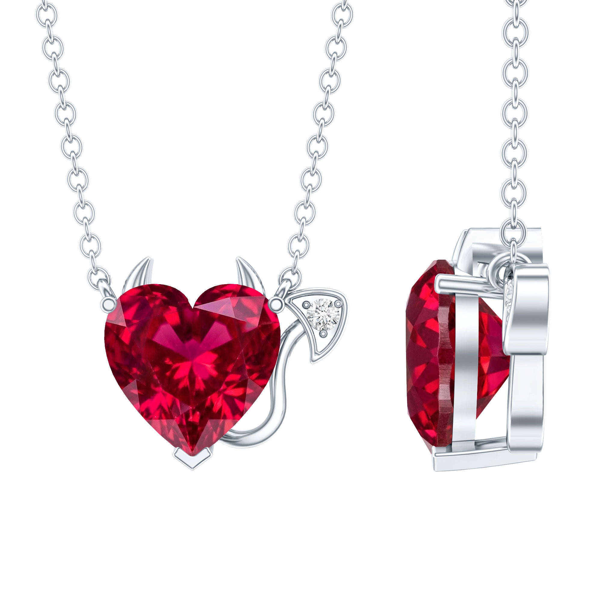 Lab Grown Ruby Devil Heart Necklace with Diamond AAAA - Rosec Jewels