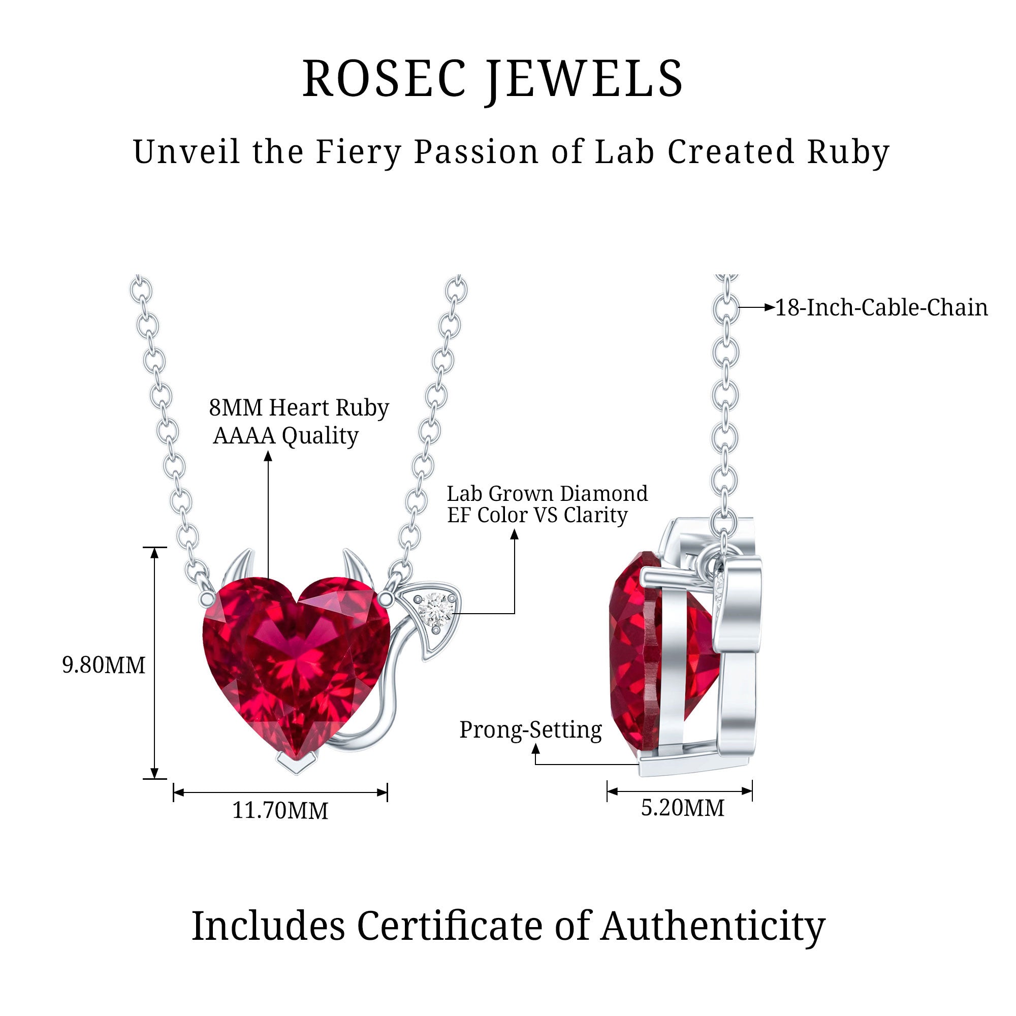 Lab Grown Ruby Devil Heart Necklace with Diamond AAAA - Rosec Jewels