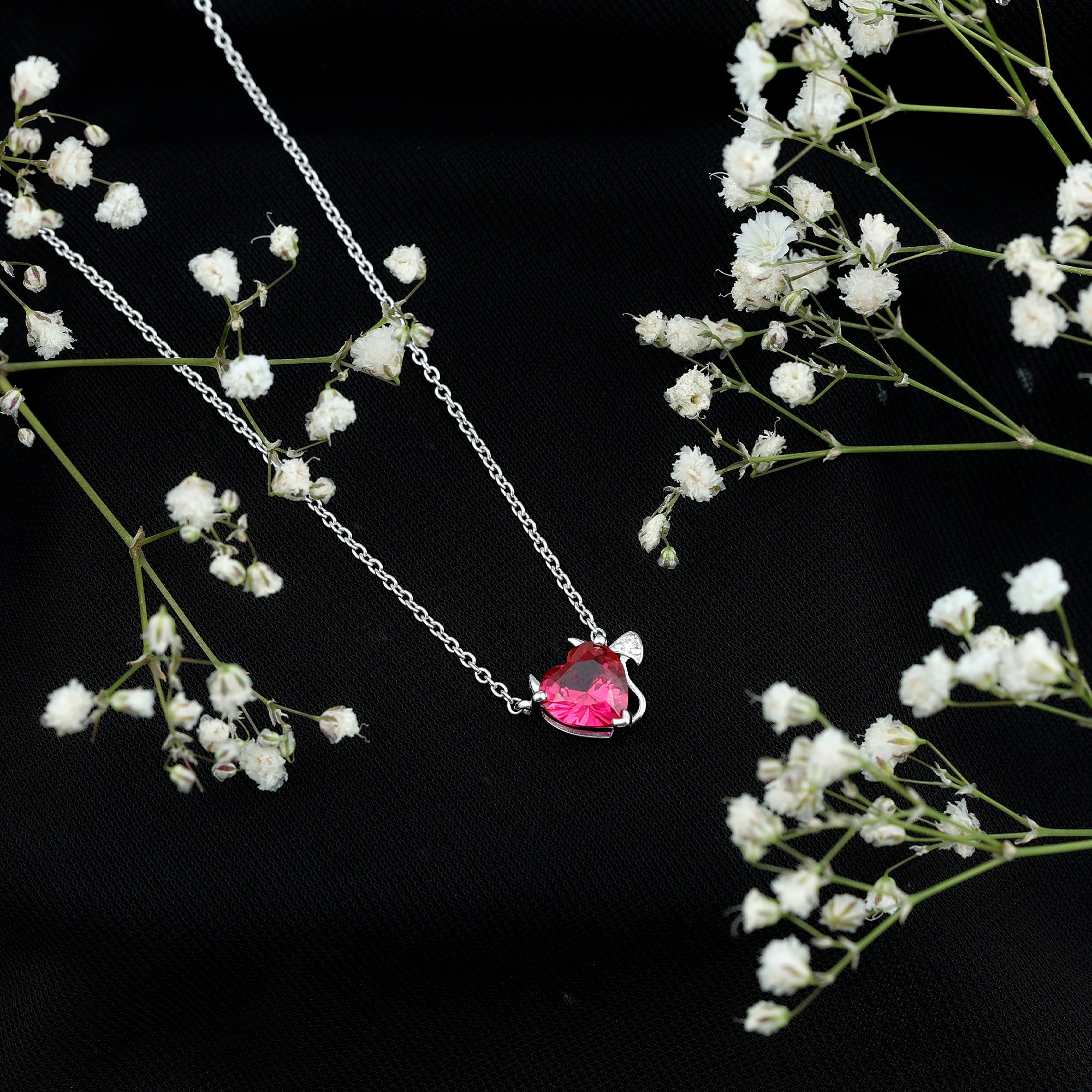 Lab Grown Ruby Devil Heart Necklace with Diamond AAAA - Rosec Jewels