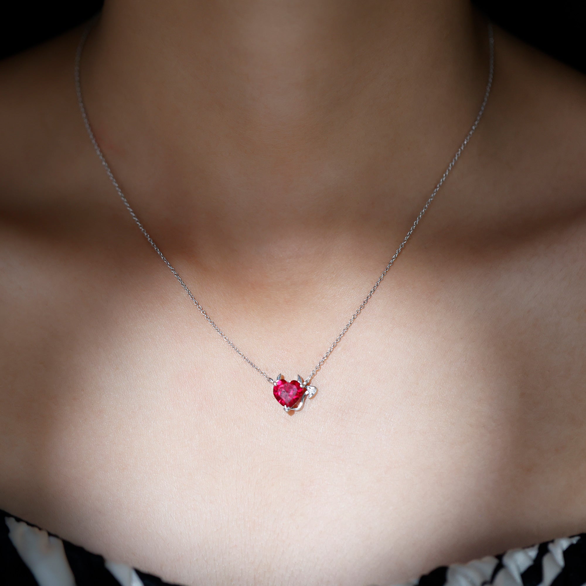 Lab Grown Ruby Devil Heart Necklace with Diamond AAAA - Rosec Jewels