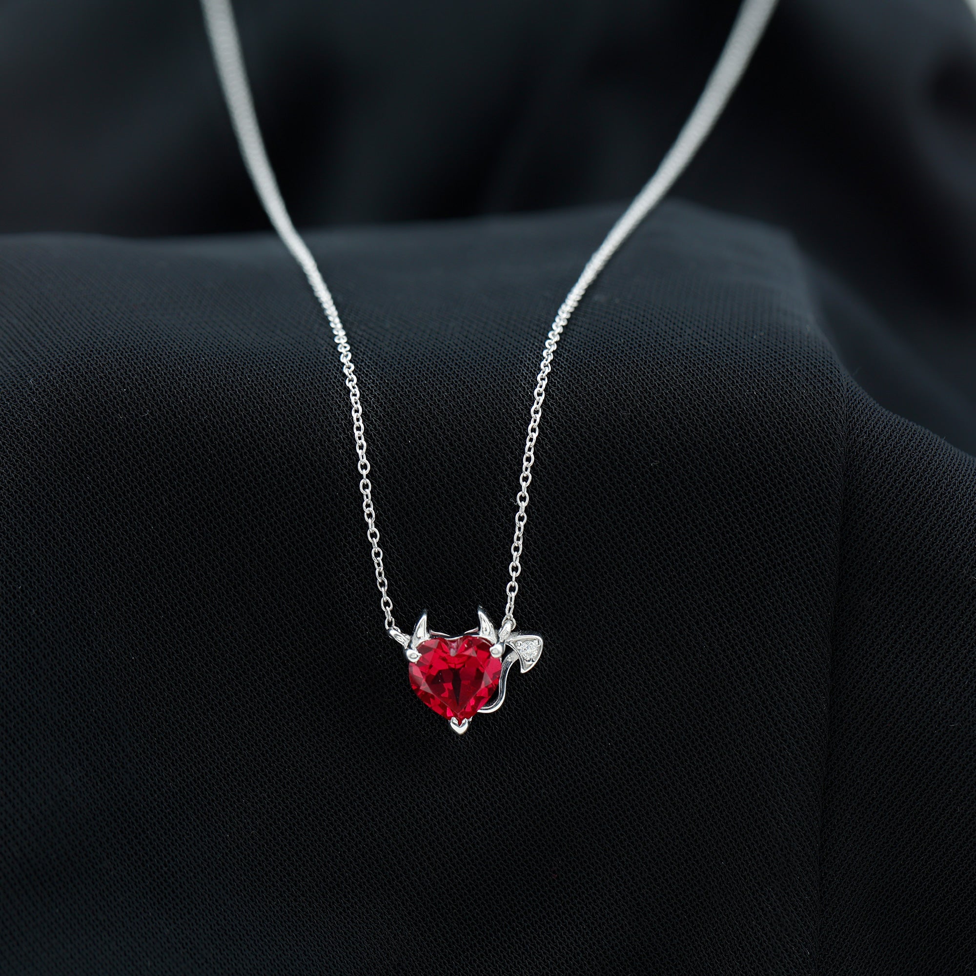 Lab Grown Ruby Devil Heart Necklace with Diamond AAAA - Rosec Jewels