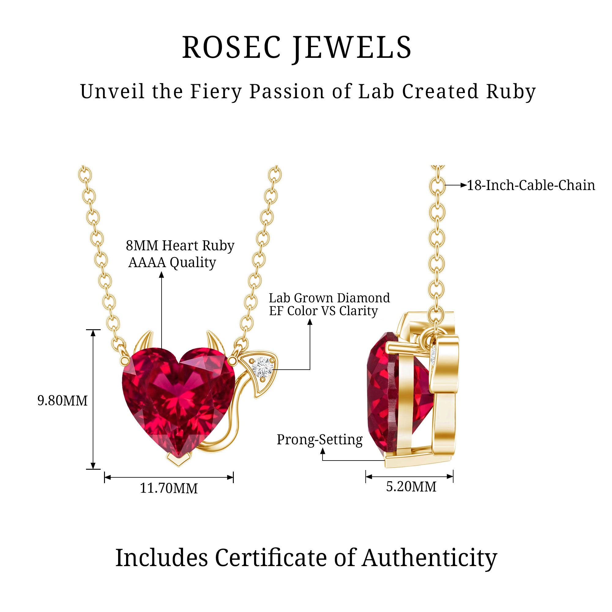Lab Grown Ruby Devil Heart Necklace with Diamond AAAA - Rosec Jewels