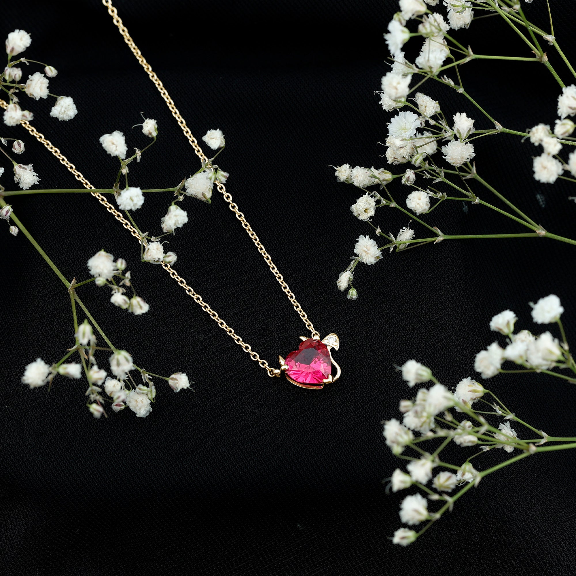 Lab Grown Ruby Devil Heart Necklace with Diamond AAAA - Rosec Jewels