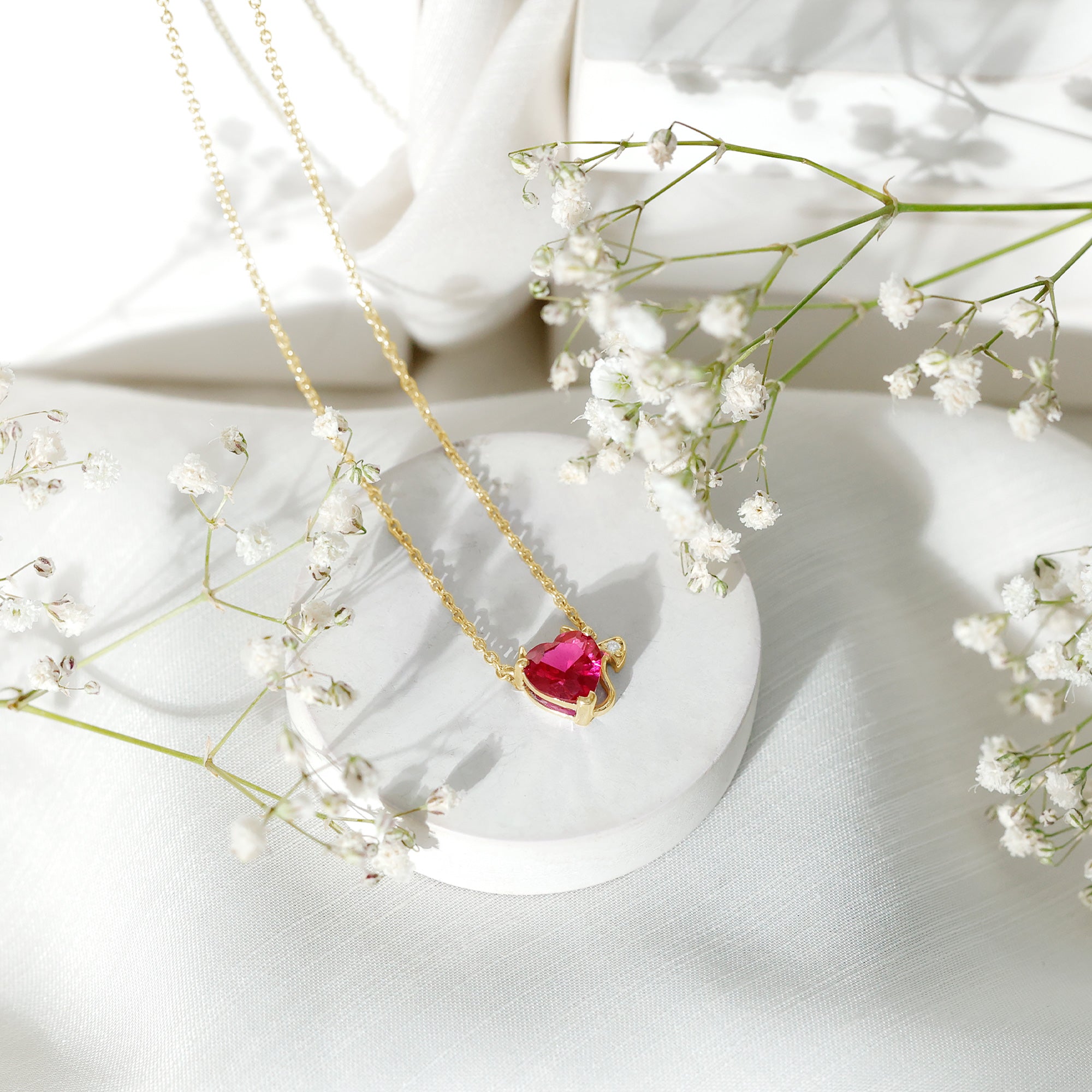 Lab Grown Ruby Devil Heart Necklace with Diamond AAAA - Rosec Jewels