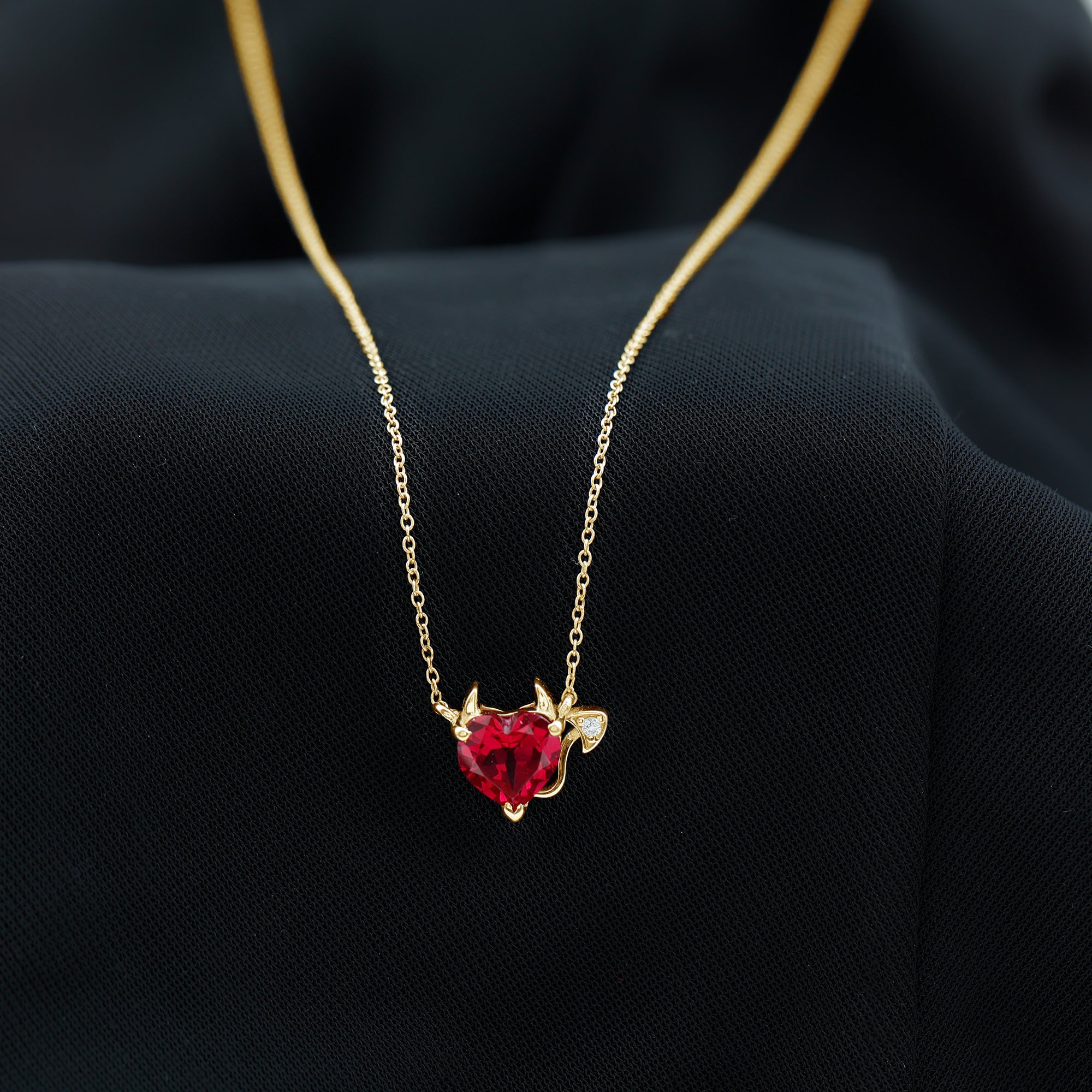Lab Grown Ruby Devil Heart Necklace with Diamond AAAA - Rosec Jewels