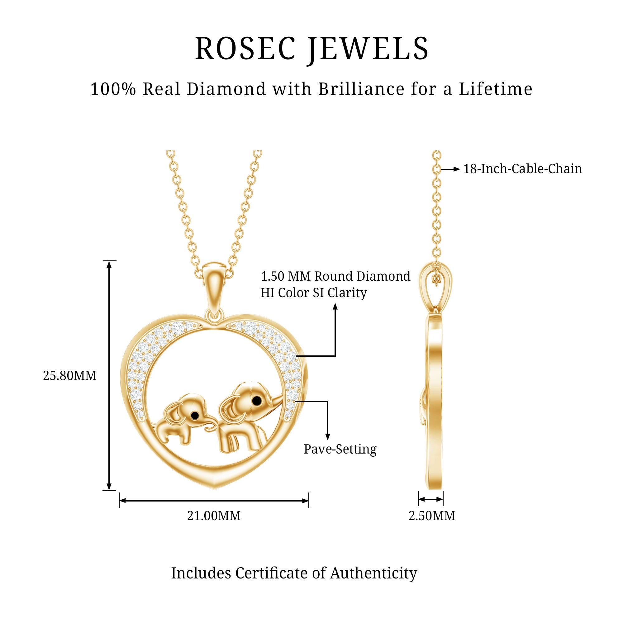 Diamond Elephant Mother Child Necklace Natural - ( HI-SI ) - Rosec Jewels