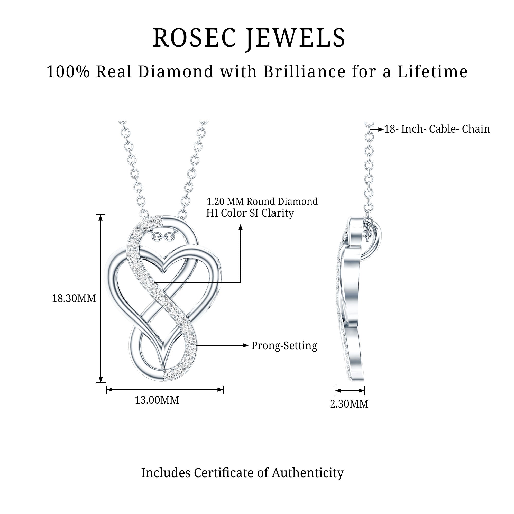 Brilliant Cut Diamond Infinity Heart Necklace for Women Natural - ( HI-SI ) - Rosec Jewels