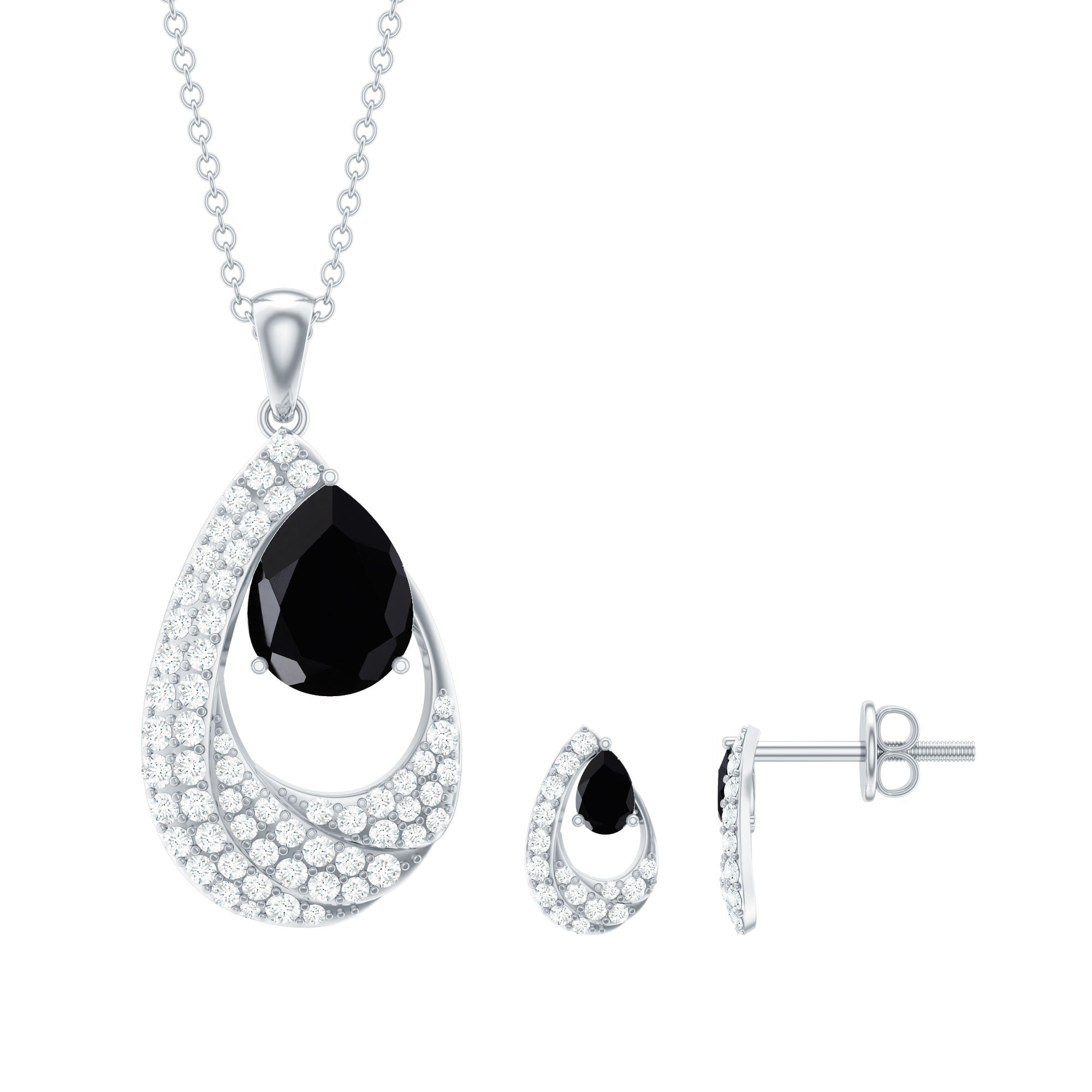 4 CT Black Onyx and Moissanite Teardrop Bridal Pendant Earrings Set
