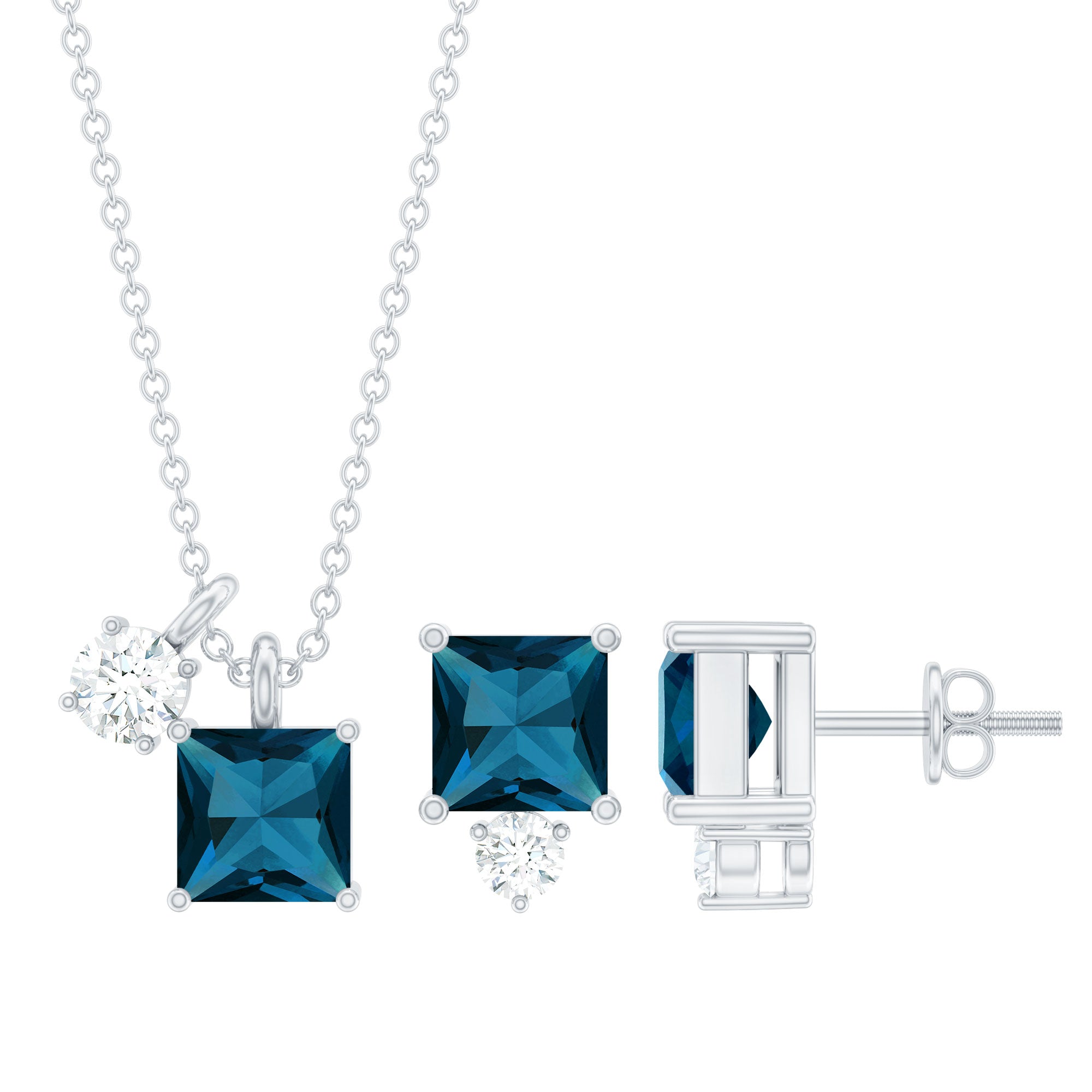 3 Carat London Blue Topaz and Moissanite Two Stone Pendant Earrings Set