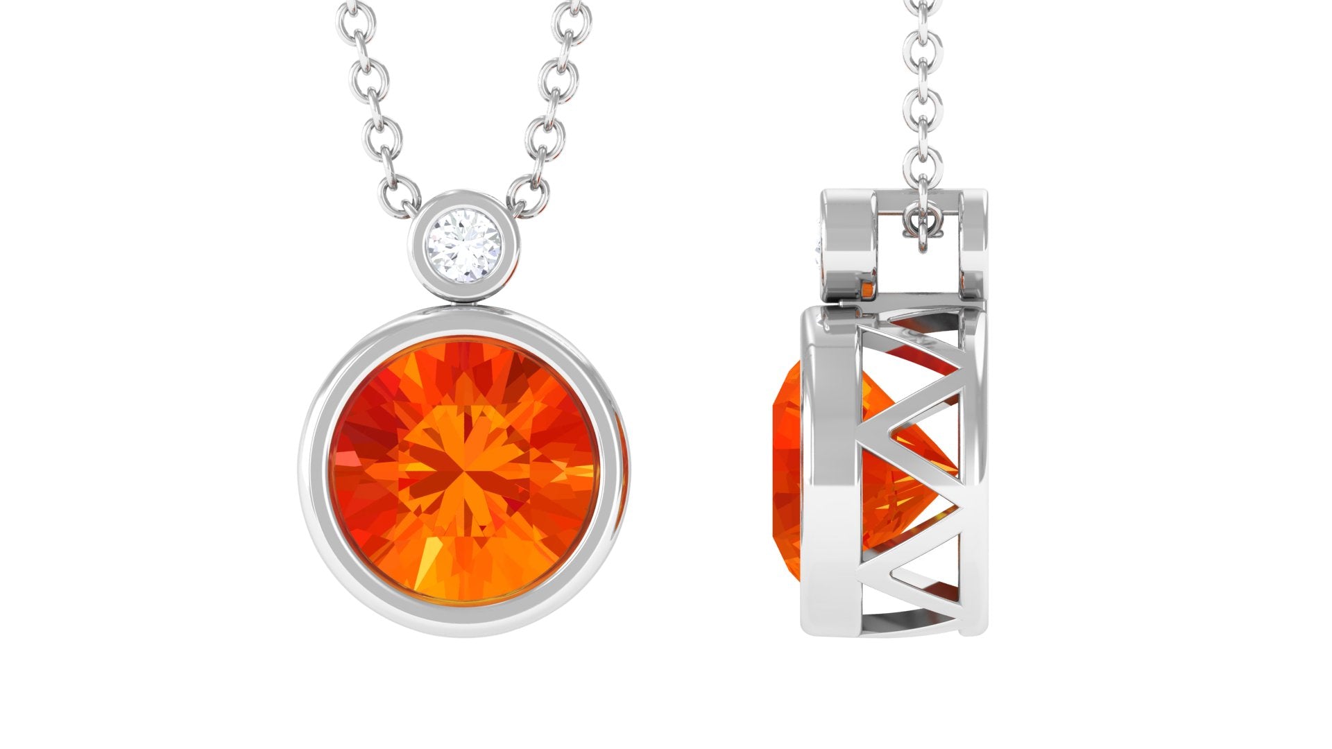 2.25 Carat Lab Grown Orange Sapphire Necklace in Bezel Setting AAAA - Rosec Jewels