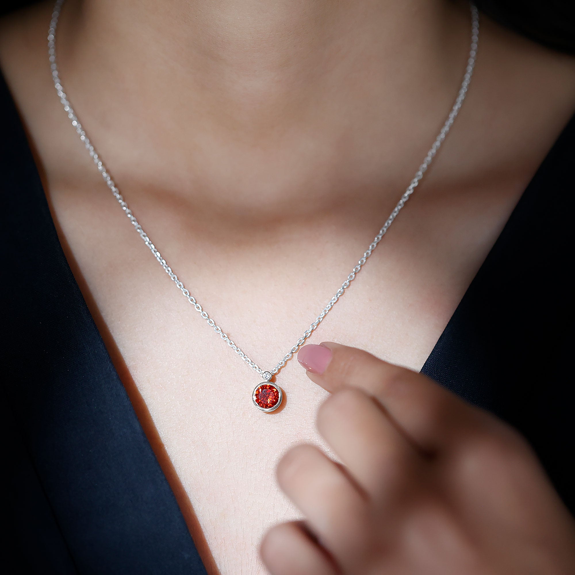 2.25 Carat Lab Grown Orange Sapphire Necklace in Bezel Setting AAAA - Rosec Jewels
