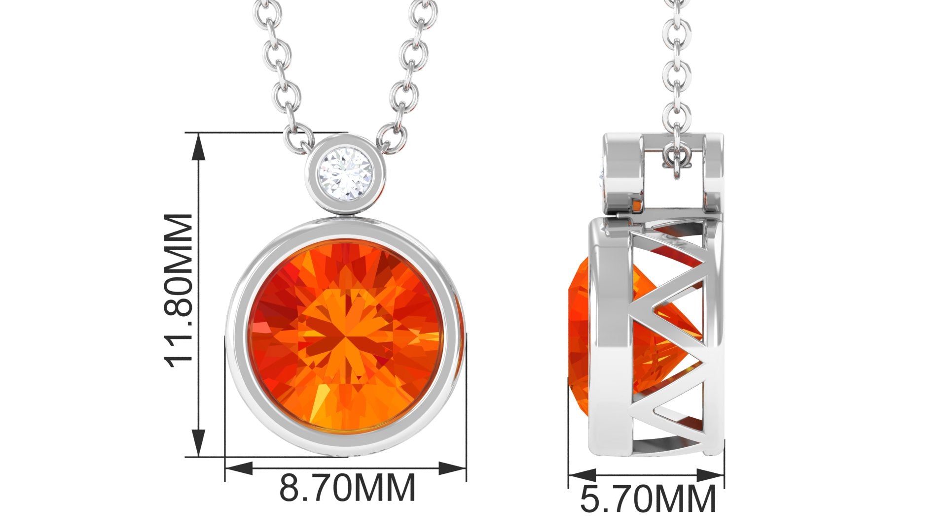 2.25 Carat Lab Grown Orange Sapphire Necklace in Bezel Setting AAAA - Rosec Jewels