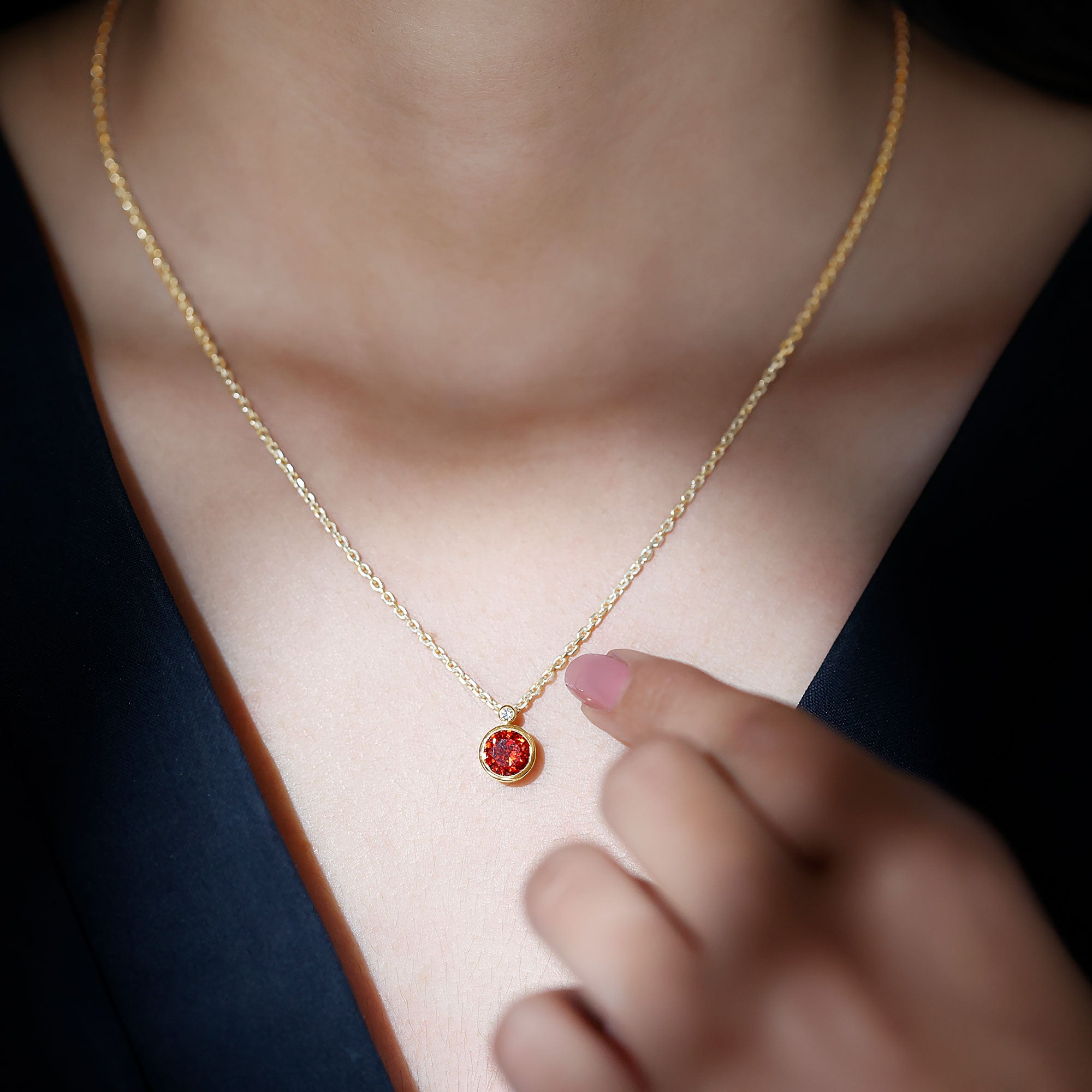 2.25 Carat Lab Grown Orange Sapphire Necklace in Bezel Setting AAAA - Rosec Jewels