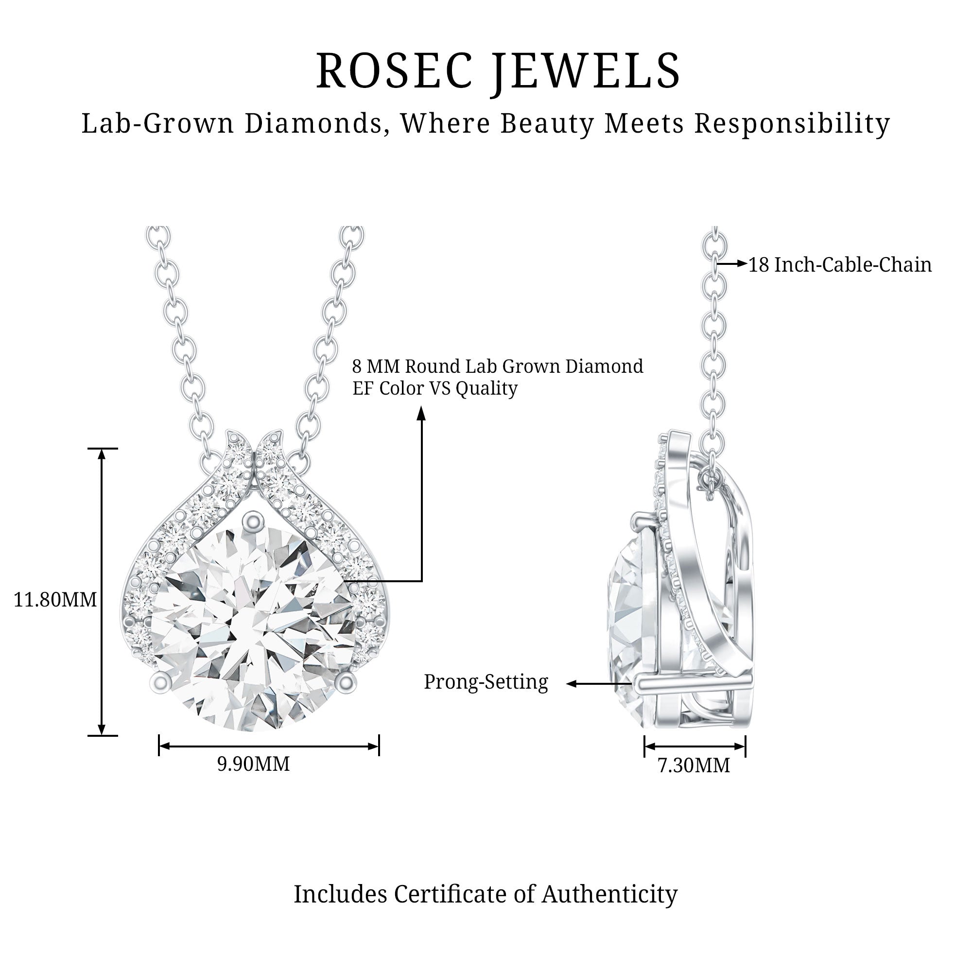 Certified 8 MM Round Lab Grown Diamond Bridal Necklace Lab - ( EF-VS ) - Rosec Jewels