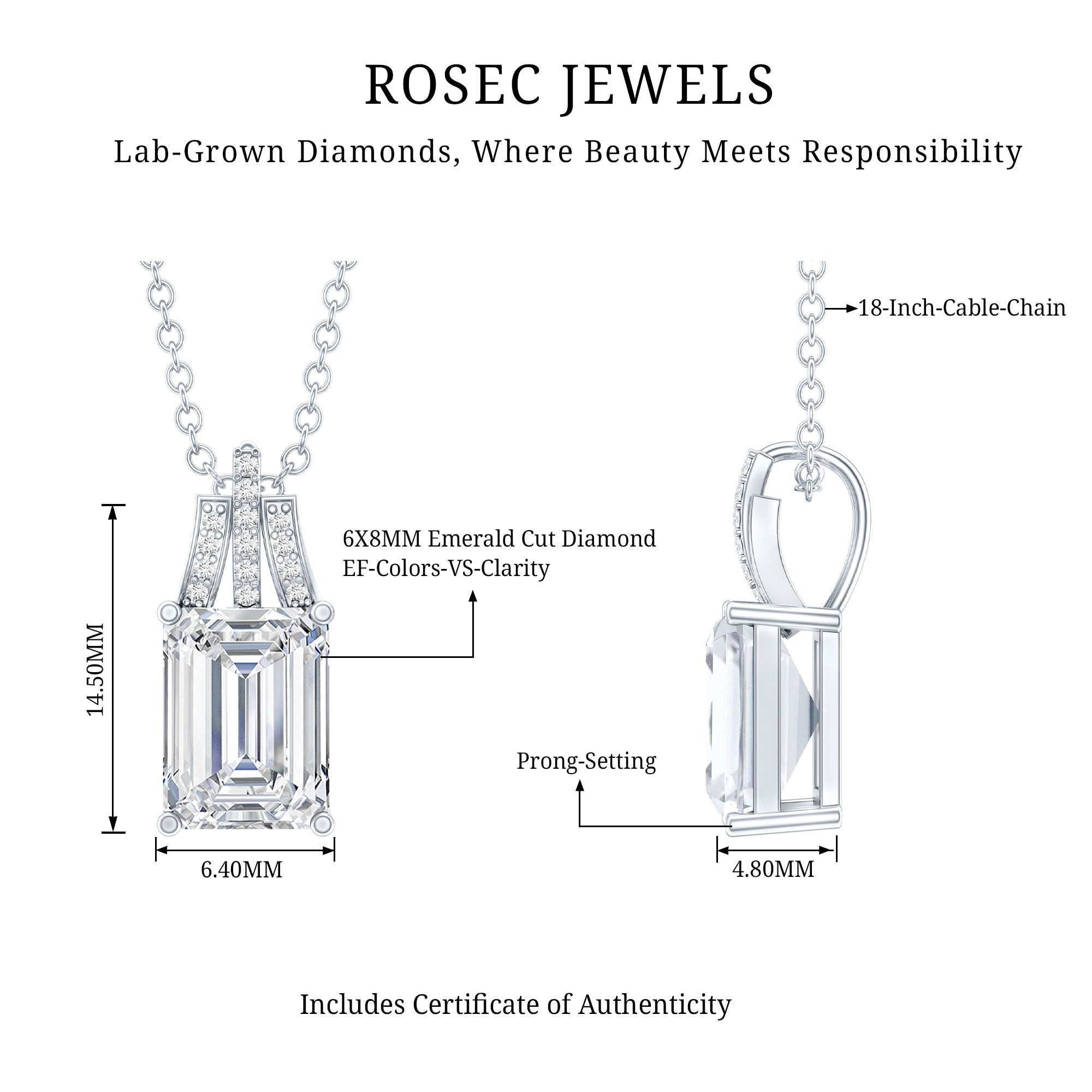 6X8 MM Solitaire Lab Grown Diamond Emerald Cut Necklace Lab - ( EF-VS ) - Rosec Jewels