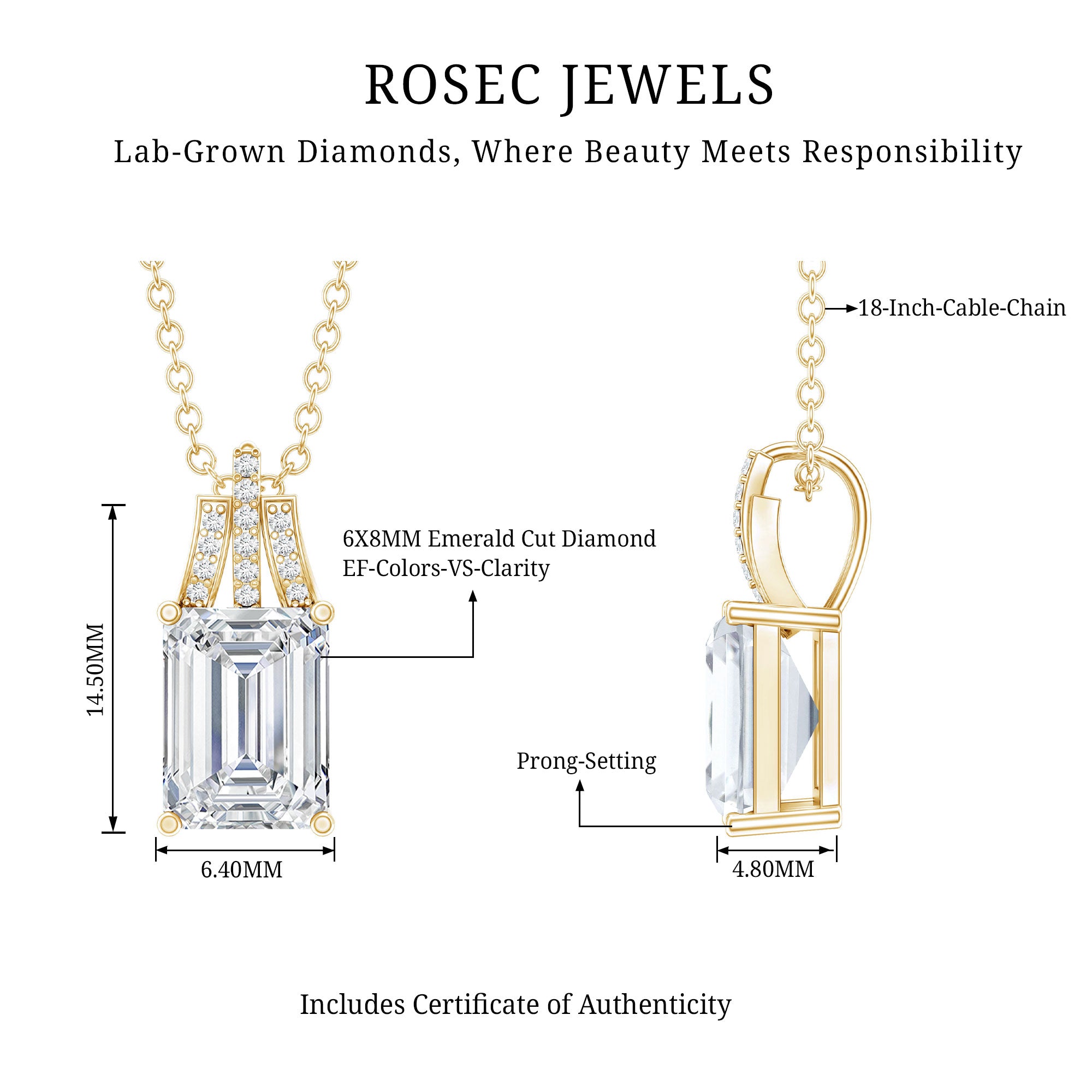 6X8 MM Solitaire Lab Grown Diamond Emerald Cut Necklace Lab - ( EF-VS ) - Rosec Jewels