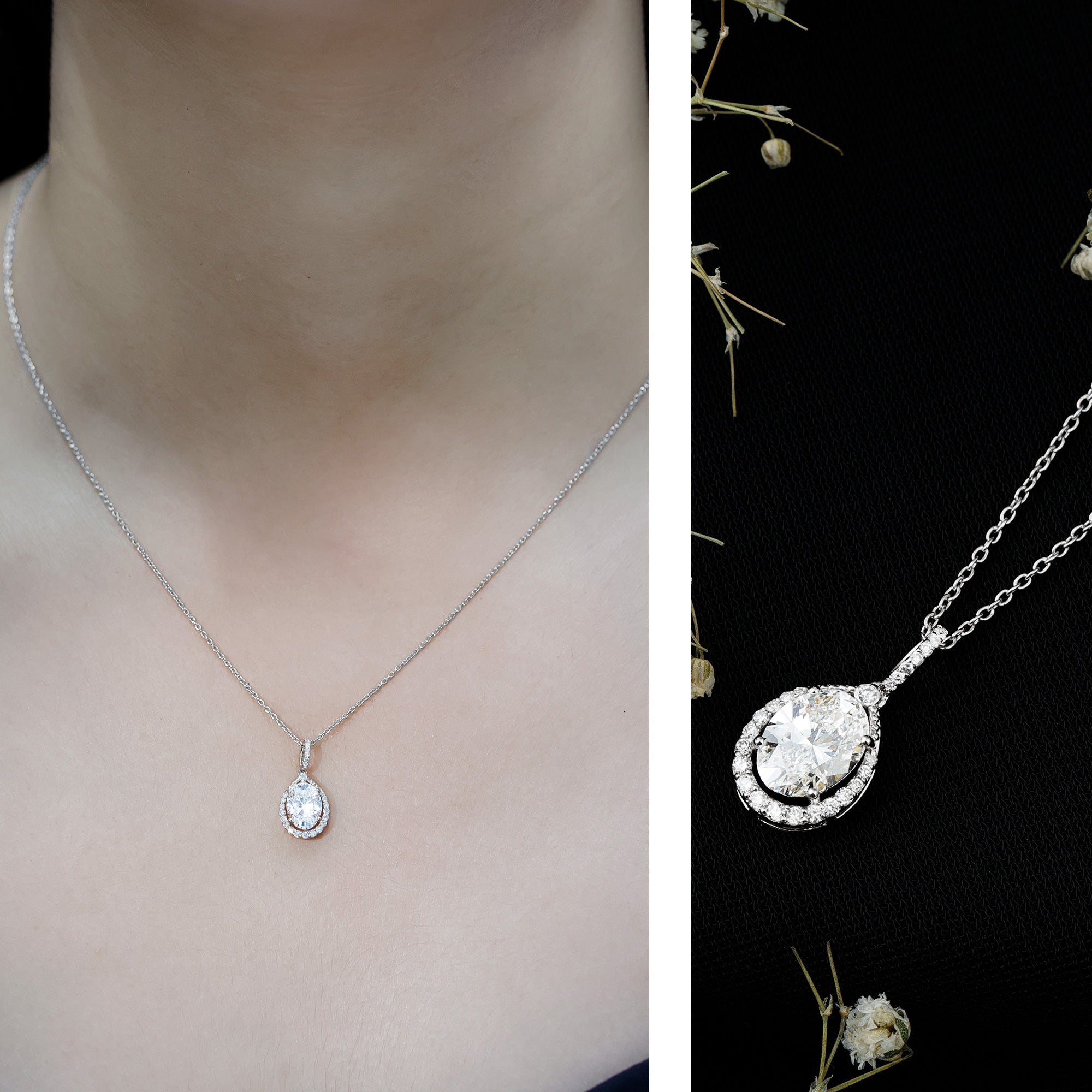 6X8 MM Oval Lab Grown Diamond Teardrop Halo Necklace For Women Lab - ( EF-VS ) - Rosec Jewels