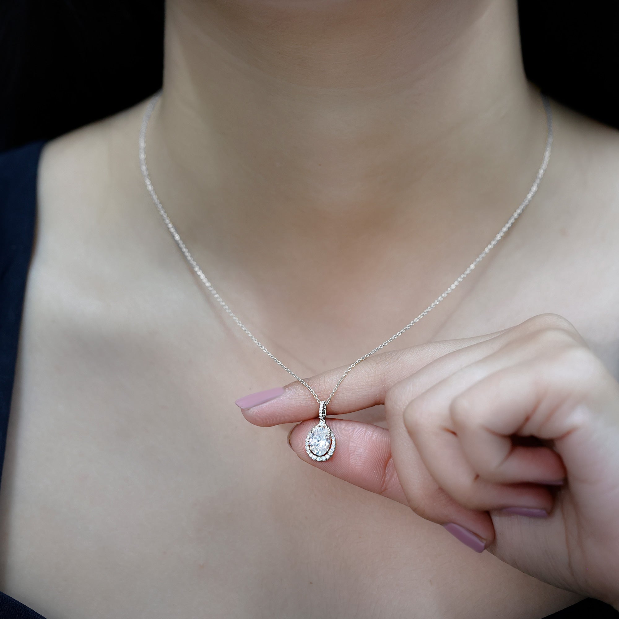 6X8 MM Oval Lab Grown Diamond Teardrop Halo Necklace For Women Lab - ( EF-VS ) - Rosec Jewels
